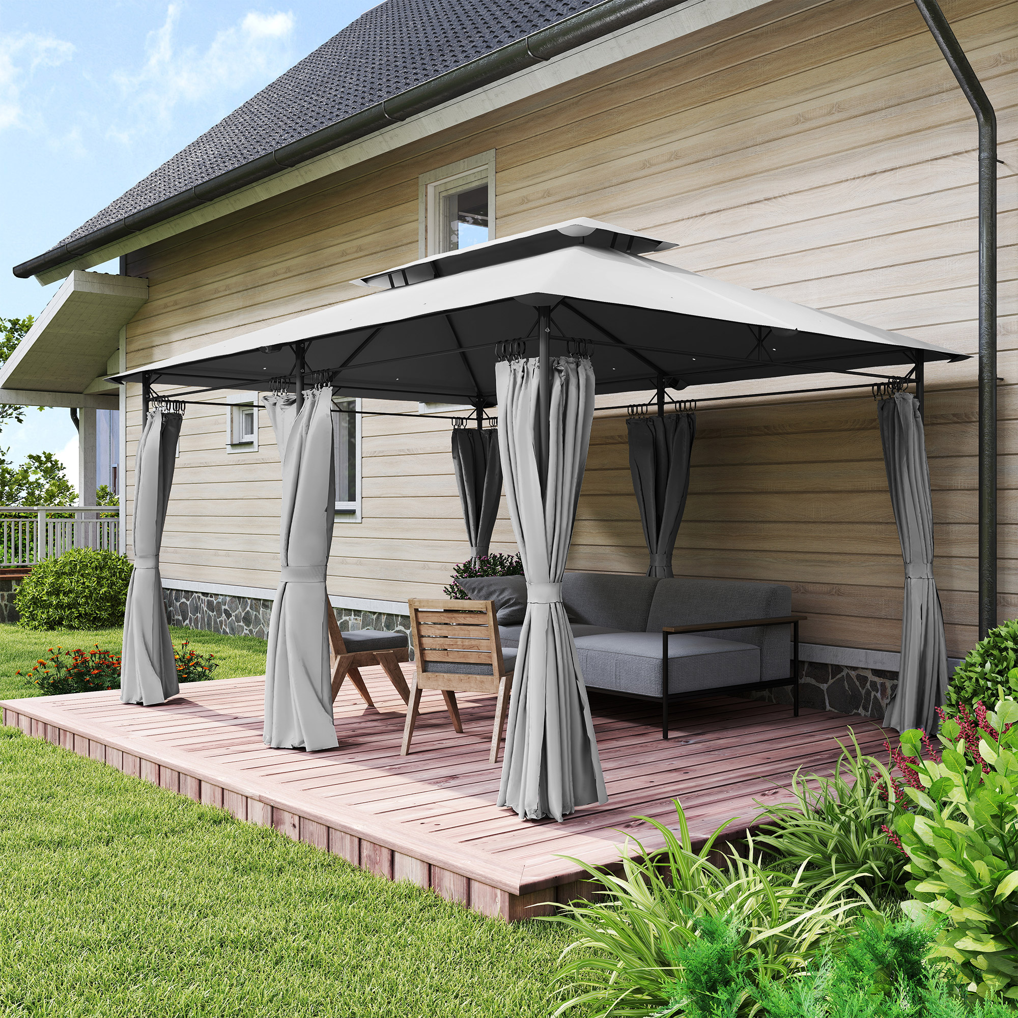 Gartenpavillon 3x4 m mit abnehmbaren Vorhängen, Doppeldach und Metallgestell, Dunkelgrau