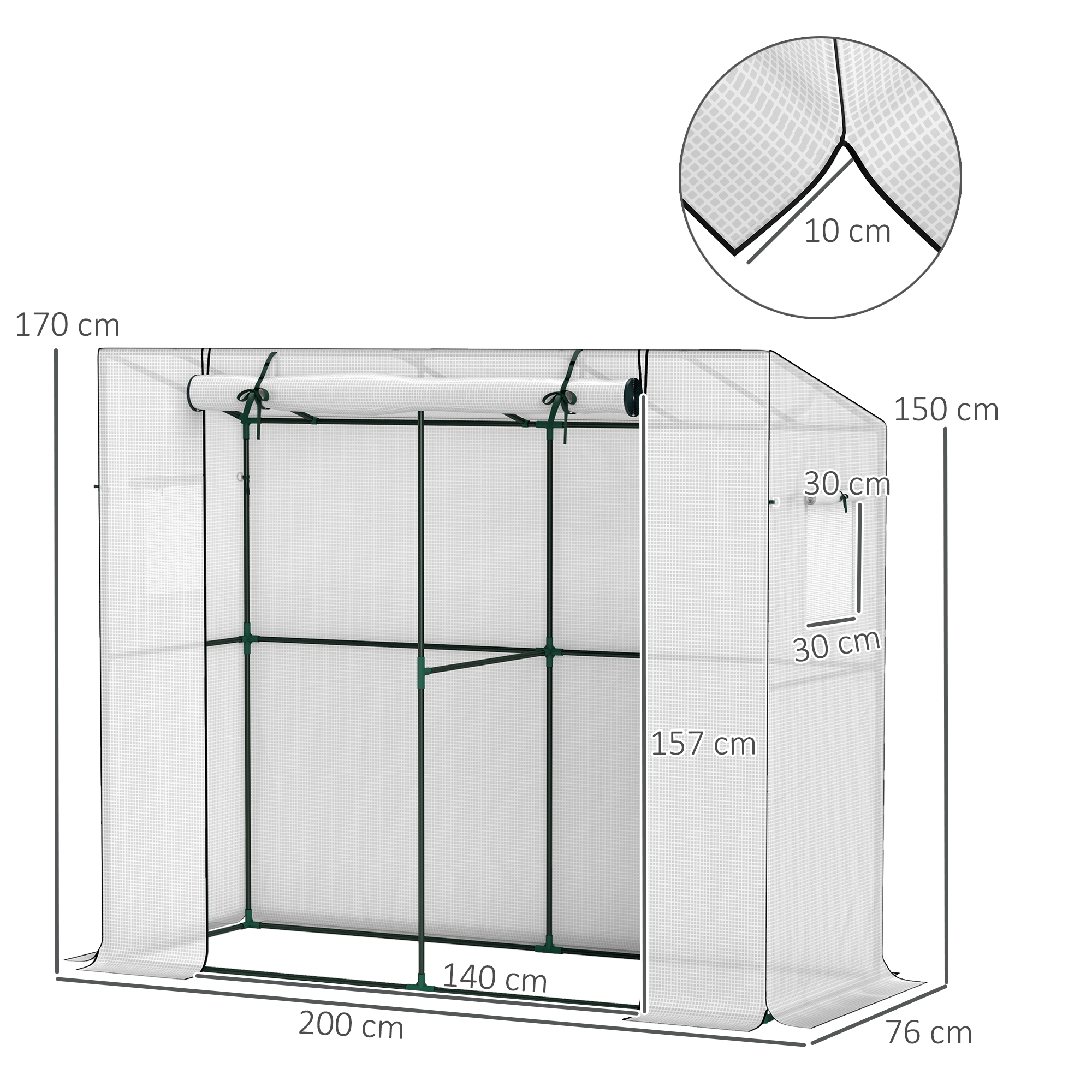 Mini-Gewächshaus, Anlehn-Gewächshaus mit Rolltür und Netzfenstern, UV-beständig, für Blumen, Setzlinge, Pflanzen, Weiß