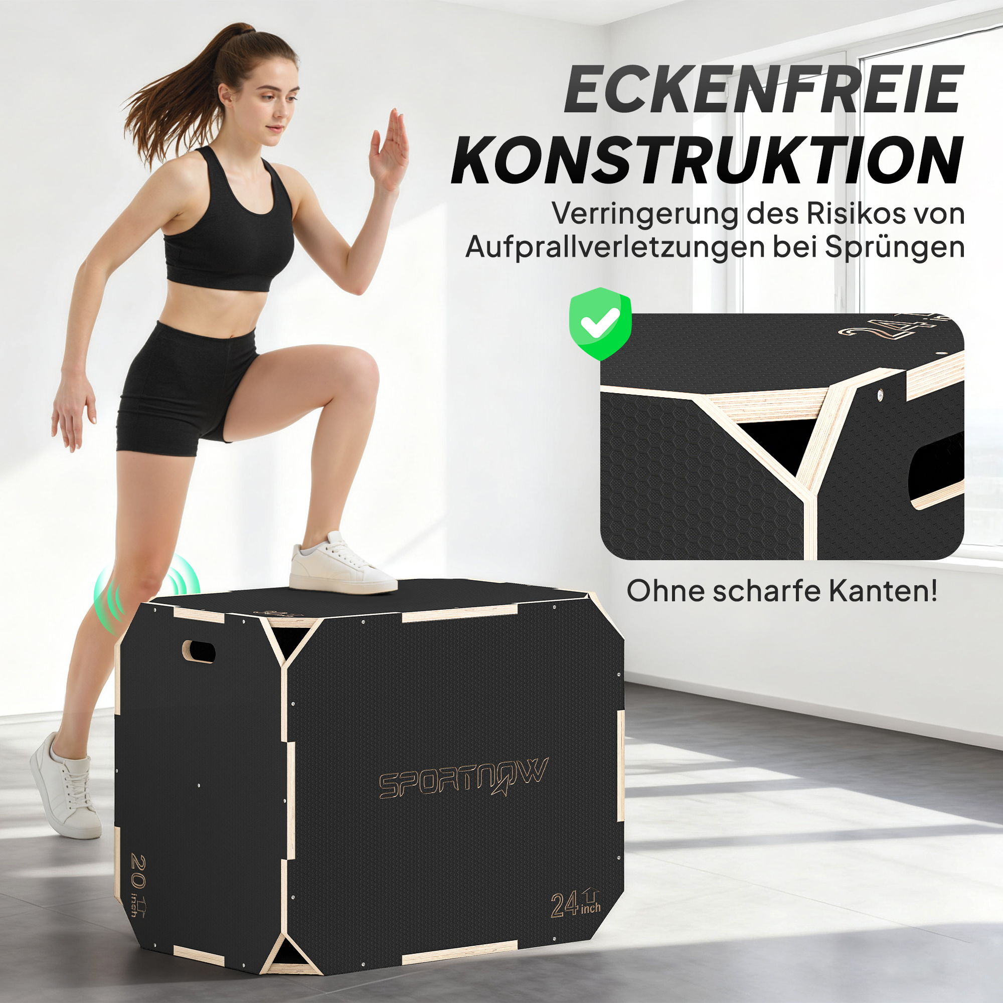 3-in-1 Plyo-Box, Sprungbox mit Griff-Öffnungen, für Home-Fitness und Outdoor-Workouts, 3 Sprunghöhen, Holz, Schwarz