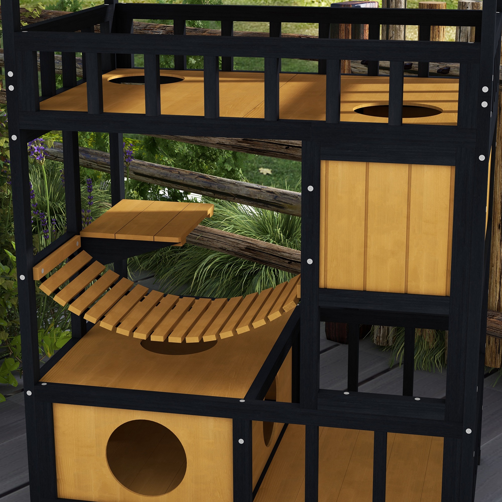 Katzenhaus, Katzenparadies mit Plattformen, Hängebrücke und Katzenhöhlen, für bis zu 2 Katzen geeignet, Holz