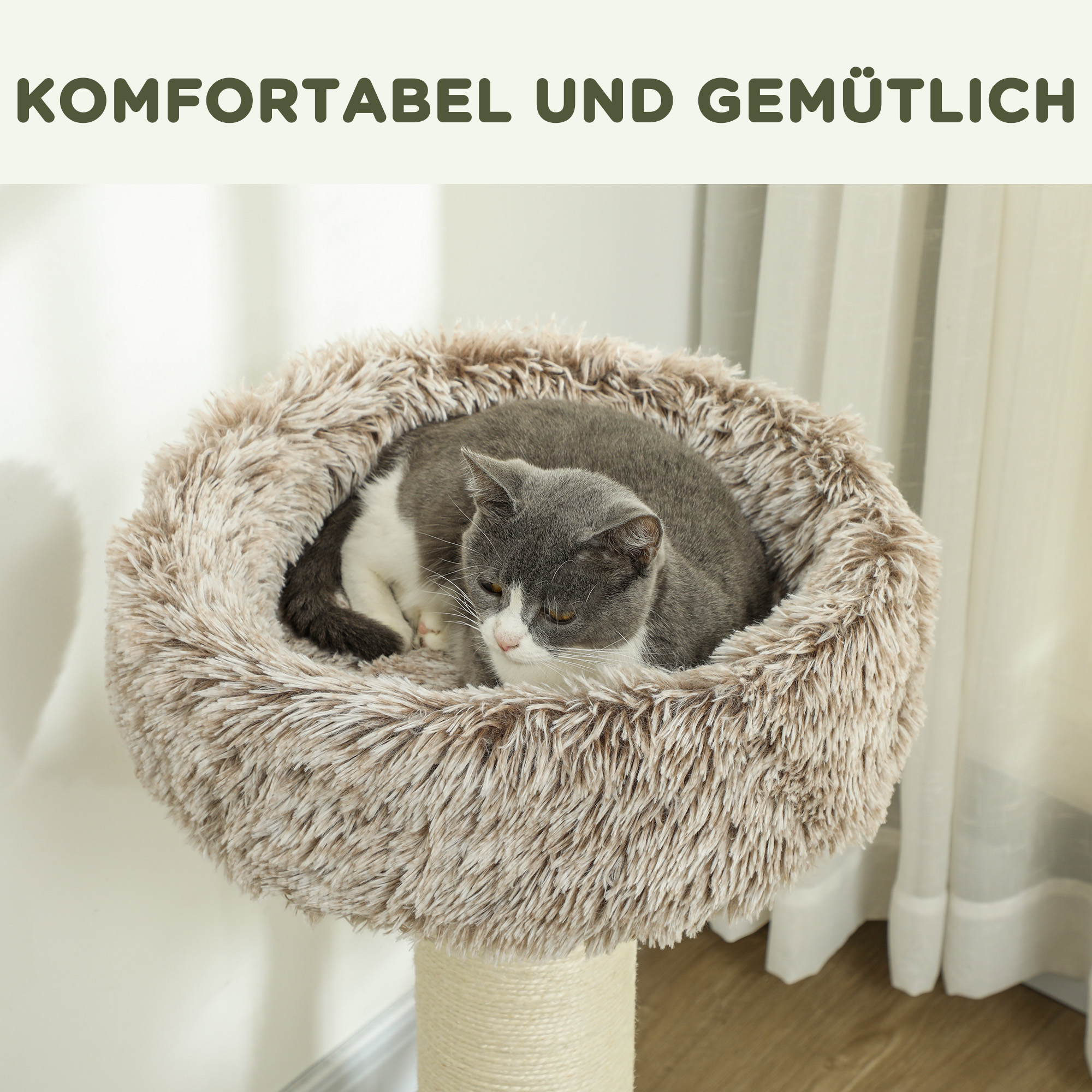Katzenbaum, 87 cm, Katzenturm mit dickem Kratzpfosten, Plüschbett, für den Innenbereich, trägt bis zu 6 kg, Braun