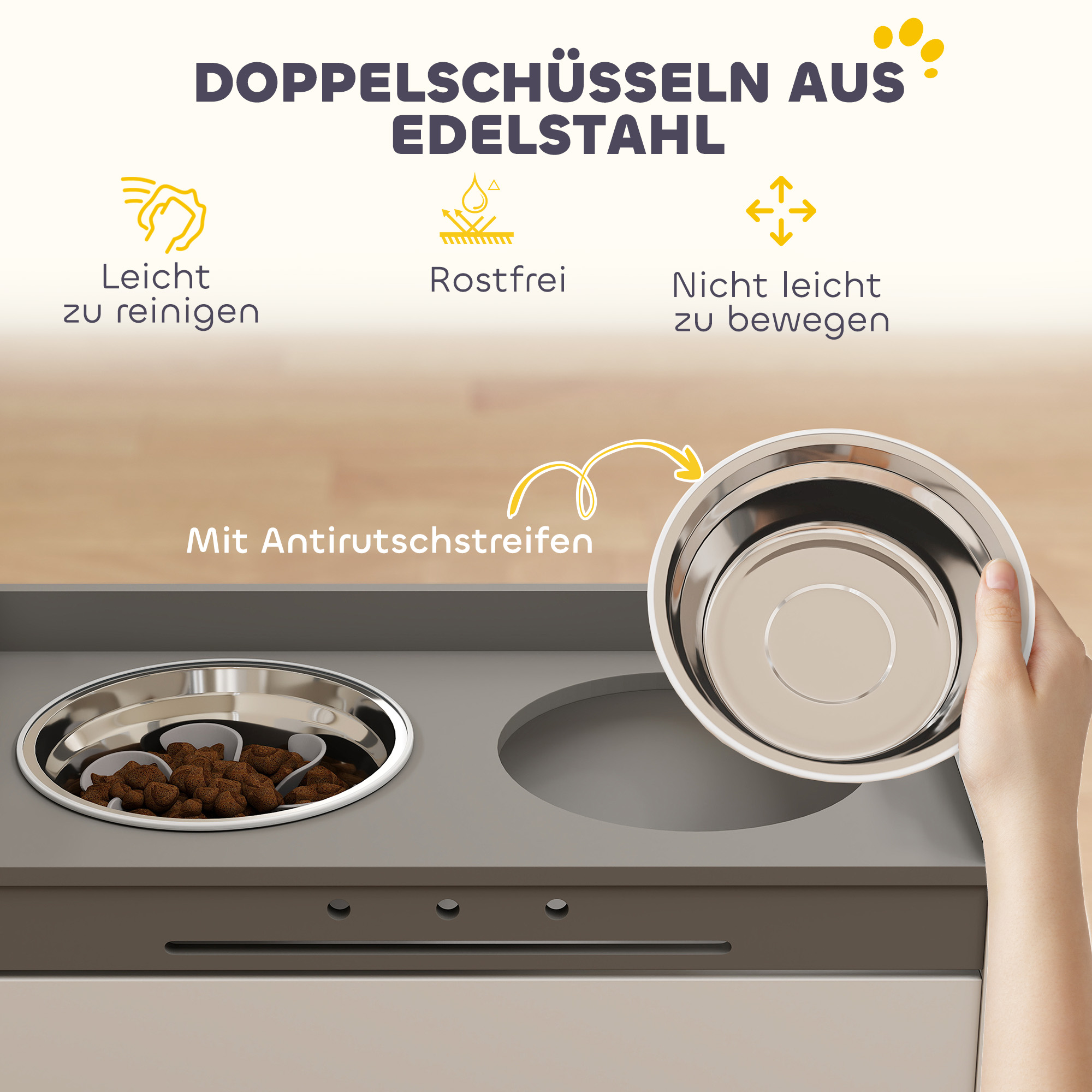 Hundenapf erhöht Futternapf mit Aufbewahrungsschrank, 2 Schüsseln mit Anti-Rutsch-Ringe, 60 x 30 x 35,5 cm, Weiß