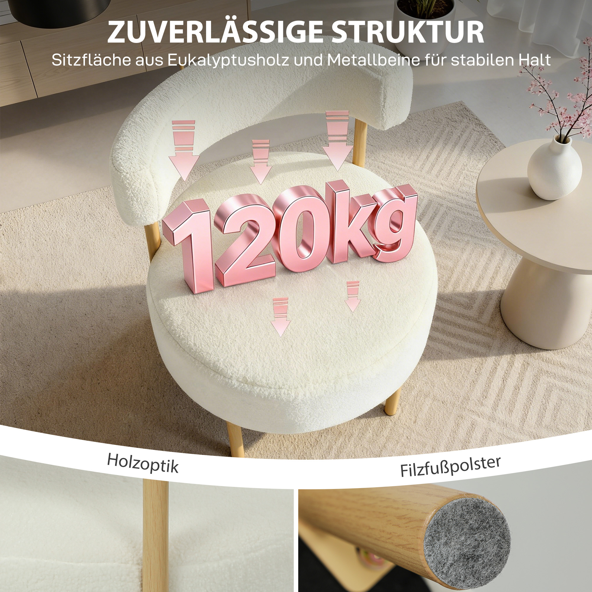 Sessel Loungesessel Relaxsessel mit Sherpa-Fleece, Metallbeinen in Holzoptik Polstersessel 67 x 67 x 71 cm Cremeweiß