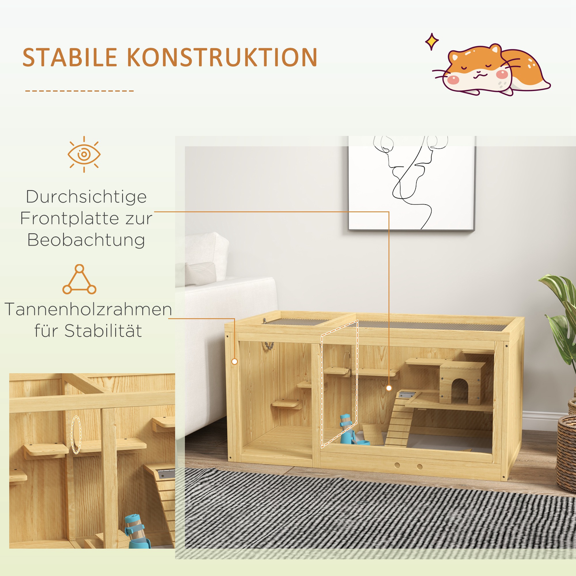 Kleintierkäfig Nagekäfig, Tannenholz, inkl. Zubehör und Tränke, 100 x 50 x 50 cm, Natur