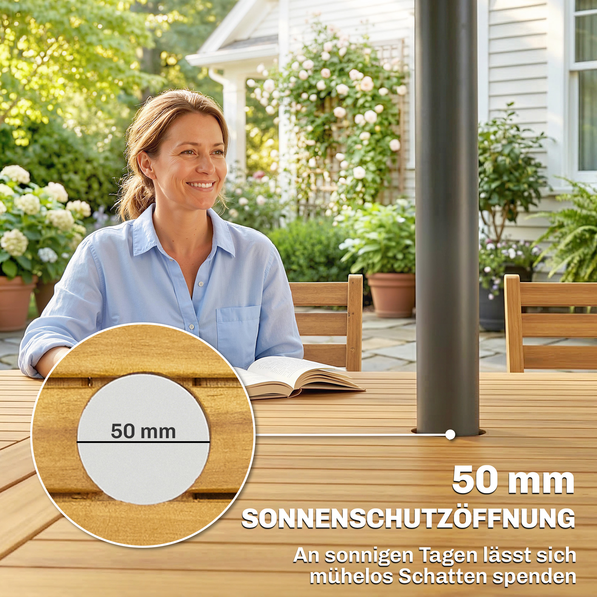 Gartenmöbel Set FSC Holz Sitzgruppe 7-teilig Klappbar Tisch mit 6 Klappstühlen Schirmloch Lamellendesign