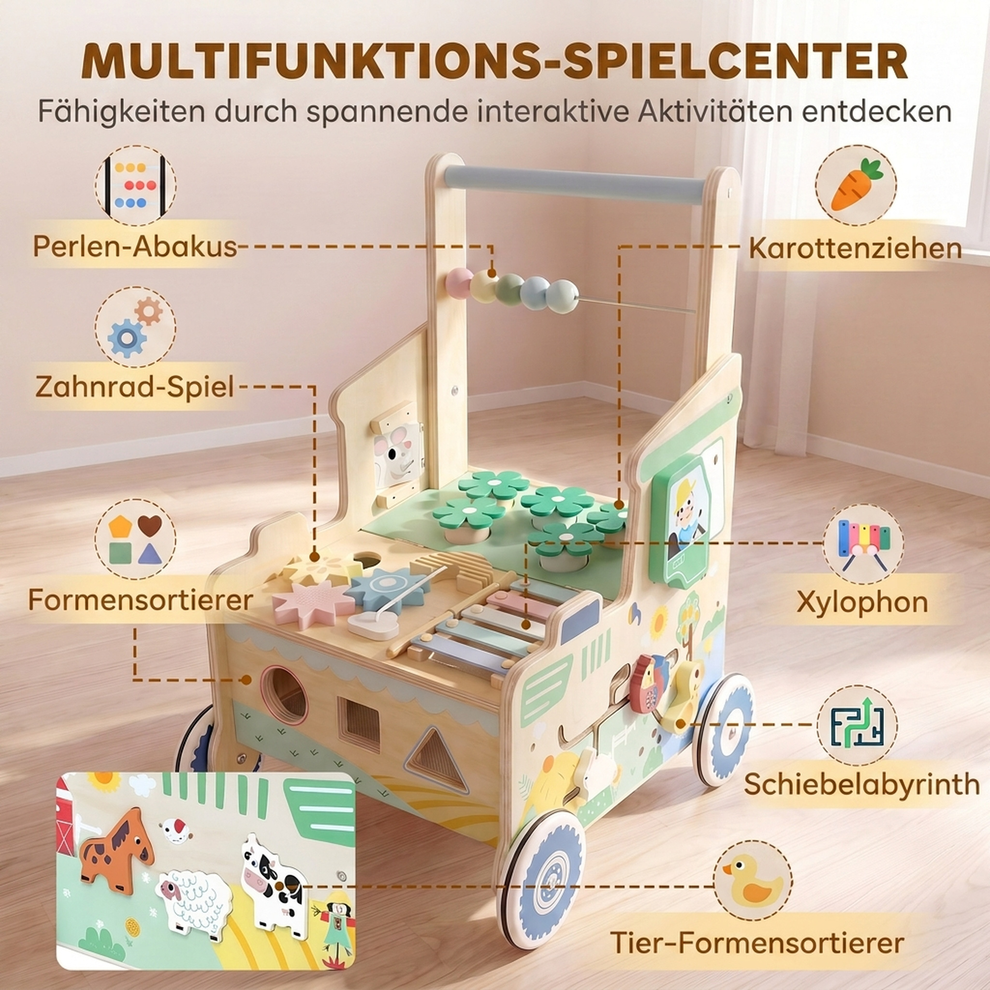 Baby Lauflernwagen Lauflernhilfe mit Rädern Bauklötze Stauraum Montessori Aktivitätszentrum für 1-3 Jahre Grün