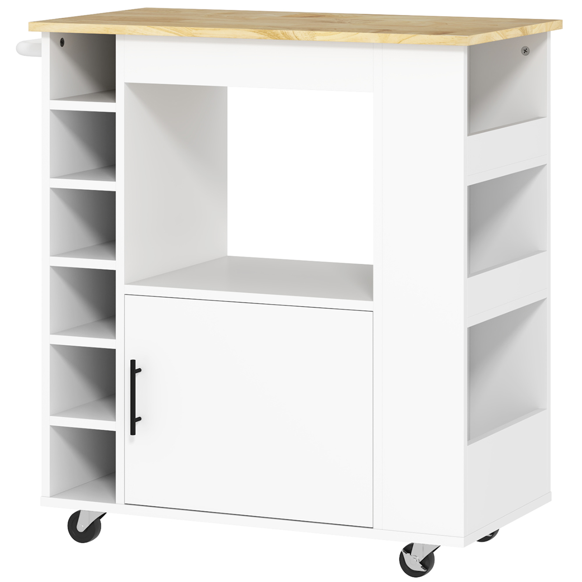 Küchenwagen, Rollbare Kücheninsel, Küchen-Trolley mit Fächern, Weinregalen, Schrank und Arbeitsfläche, Weiß