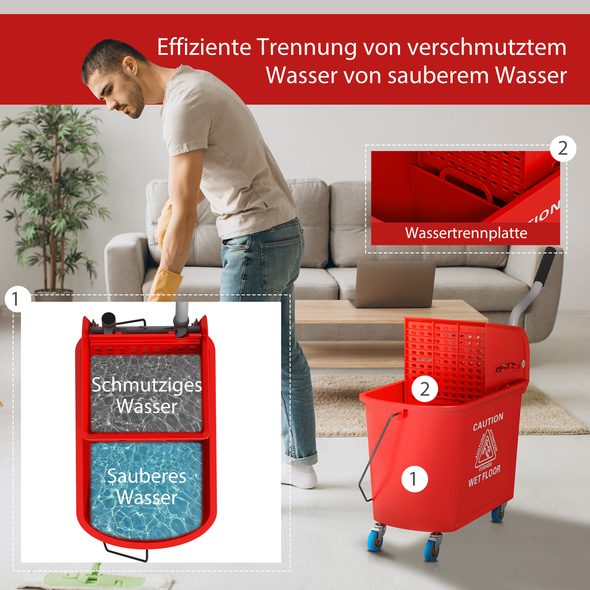 20l Mopp-Eimer mit Auswringer und Griff, Wischmopp-Eimer auf Rädern, Kunststoff, Rot