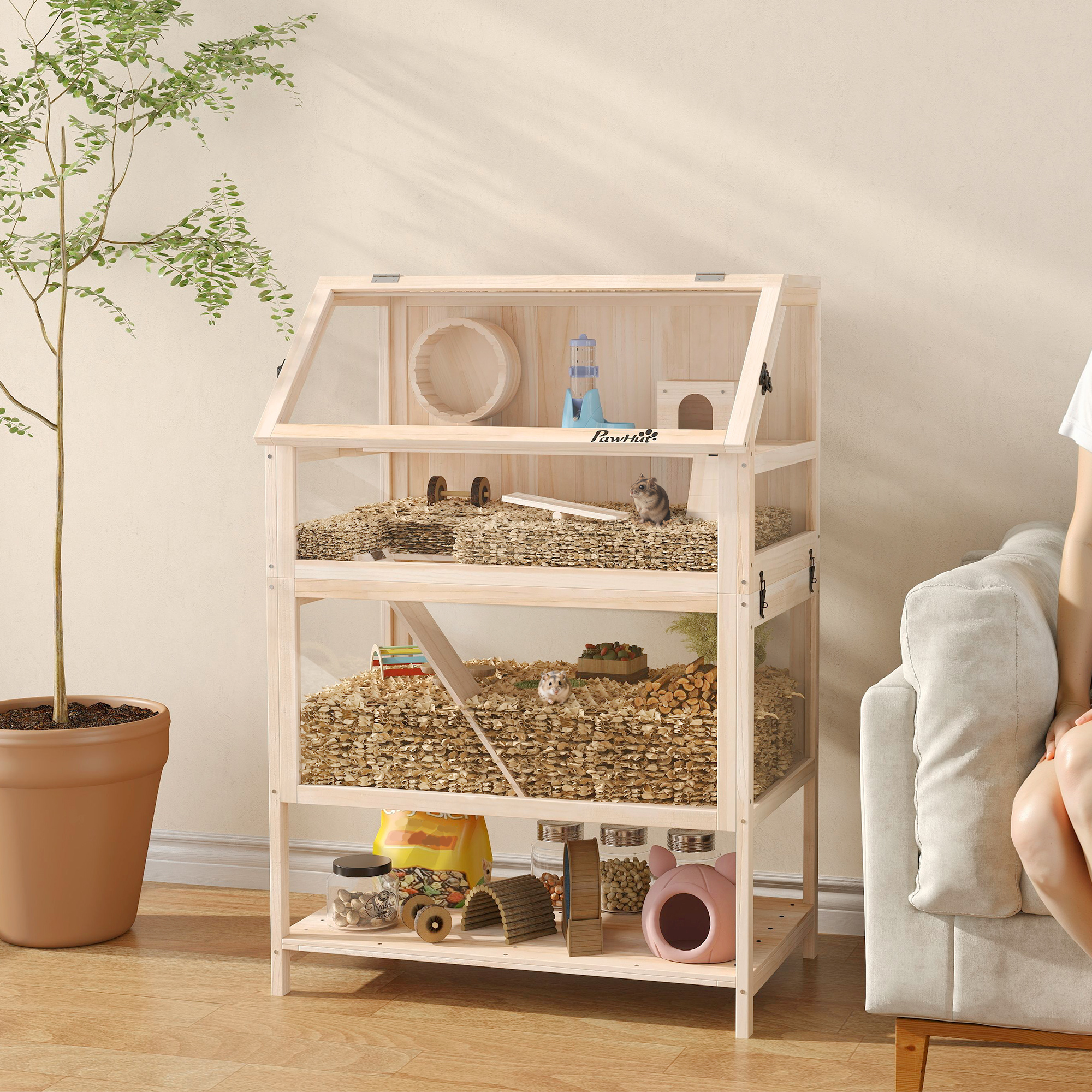 Hamsterkäfig aus Holz 3 Etagen Nagerkäfig mit abnehmbar Boden Ablage Laufrad Wippe Rampe Hütte 80x53x117cm Naturholz