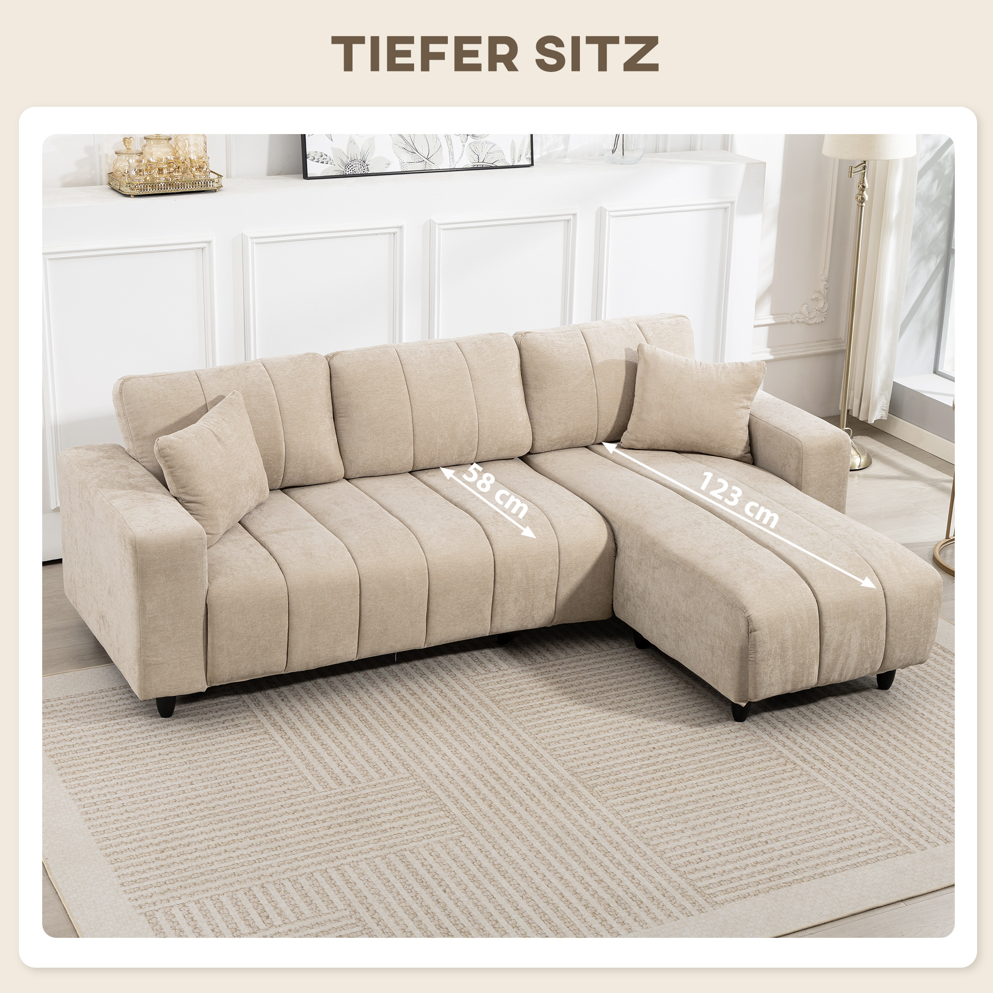L-förmiges Ecksofa mit flexibler Chaiselongue, 3-Sitzer-Couch mit 2 Kissen, Metallrahmen, für Wohnzimmer, Beige