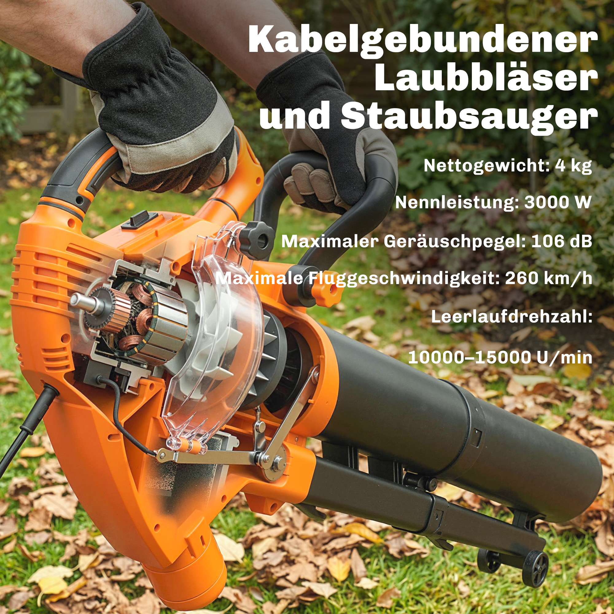 3000W 3-in-1 Elektrischer Laubbläser und Staubsauger mit 40L Auffangbeutel, 4 Rädern, verstellbarem Gurt, Orange