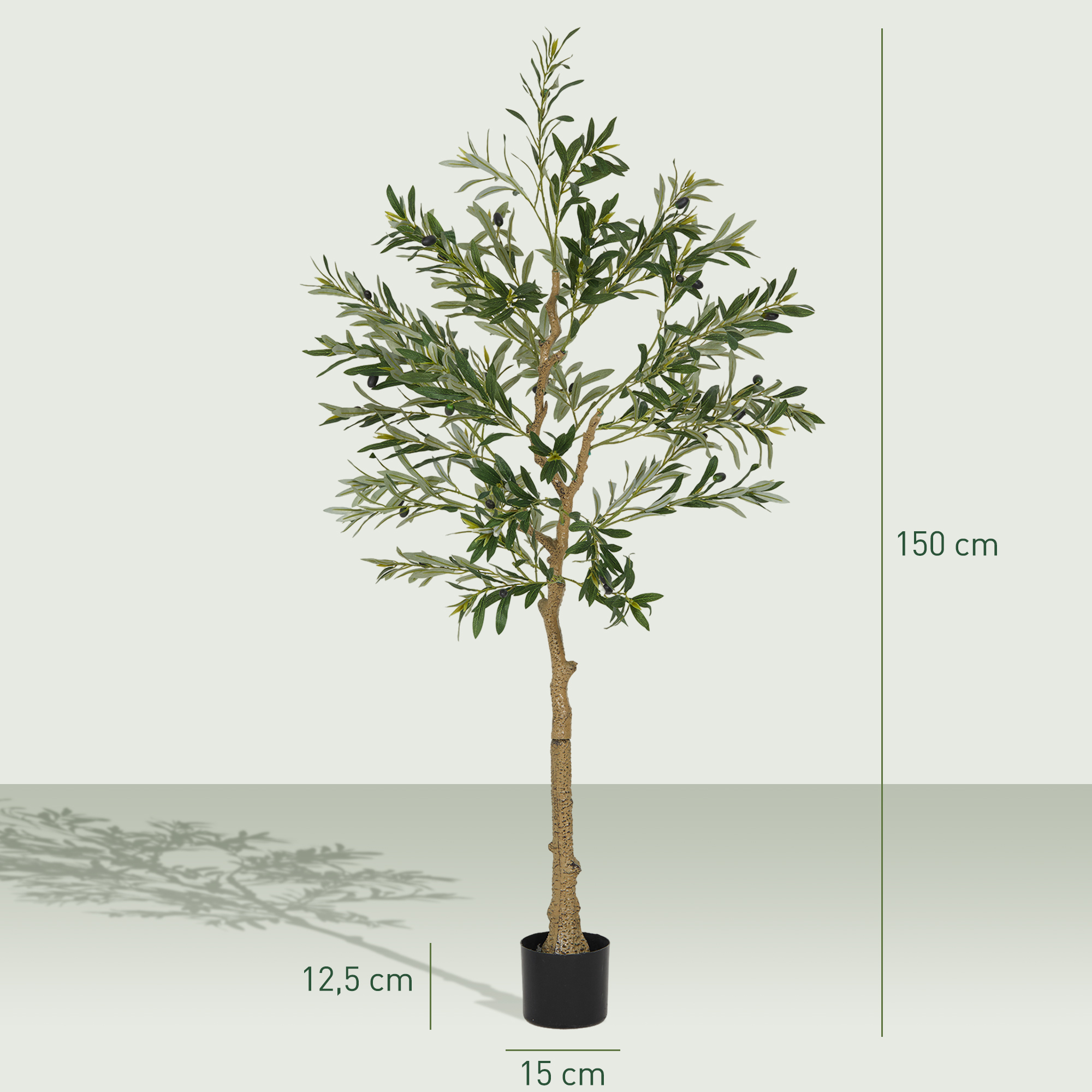 Kunstpflanze, Künstlicher Olivenbaum, 150 cm, 720 Blätter, 40 Oliven, stabiler Blumentopf, Dekorationspflanze, Grün