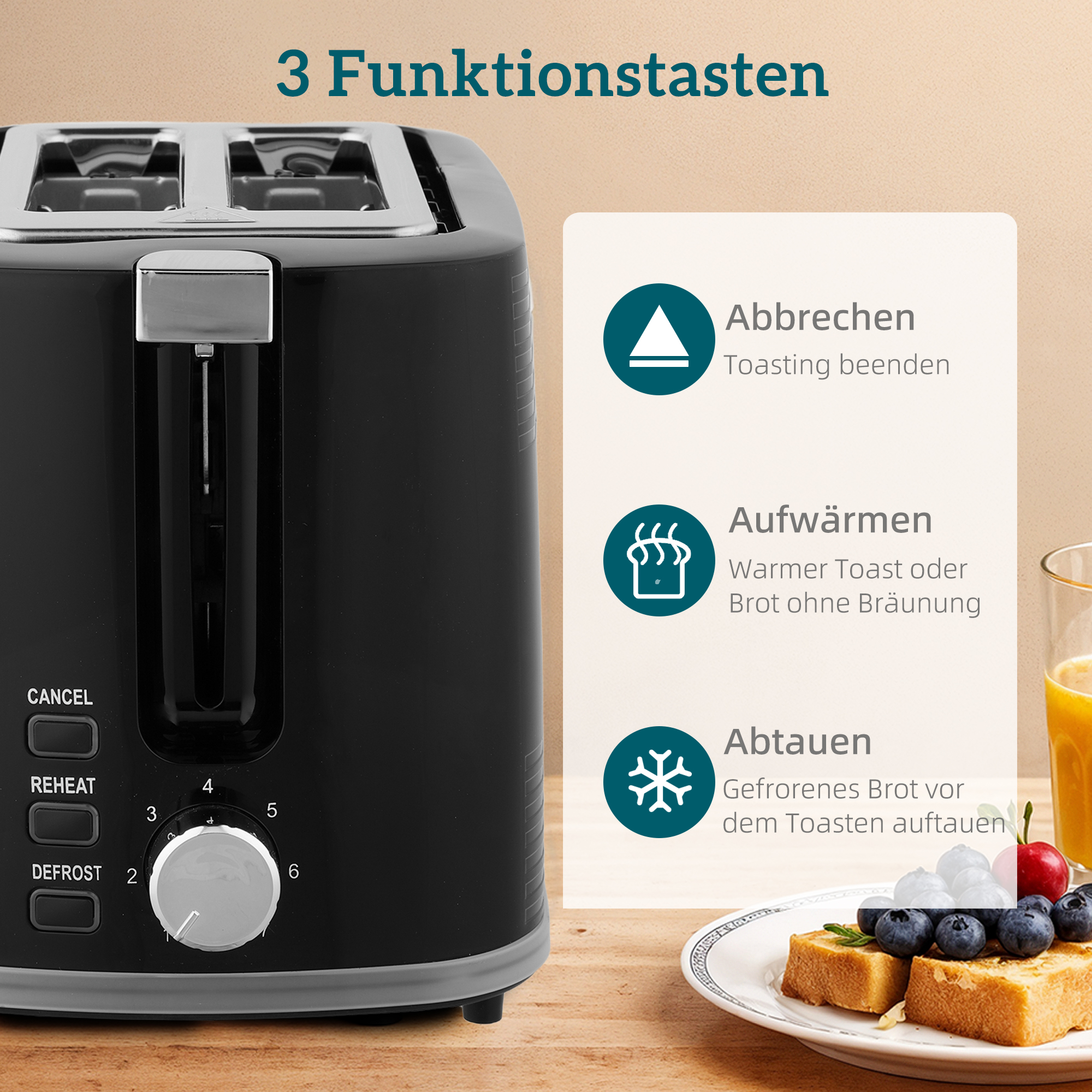 Wasserkocher- und Toaster-Set, 2200W, Otter-Thermostat, 2-Schlitz-Toaster, 7 Bräunungsstufen, Krümelfach, Schwarz