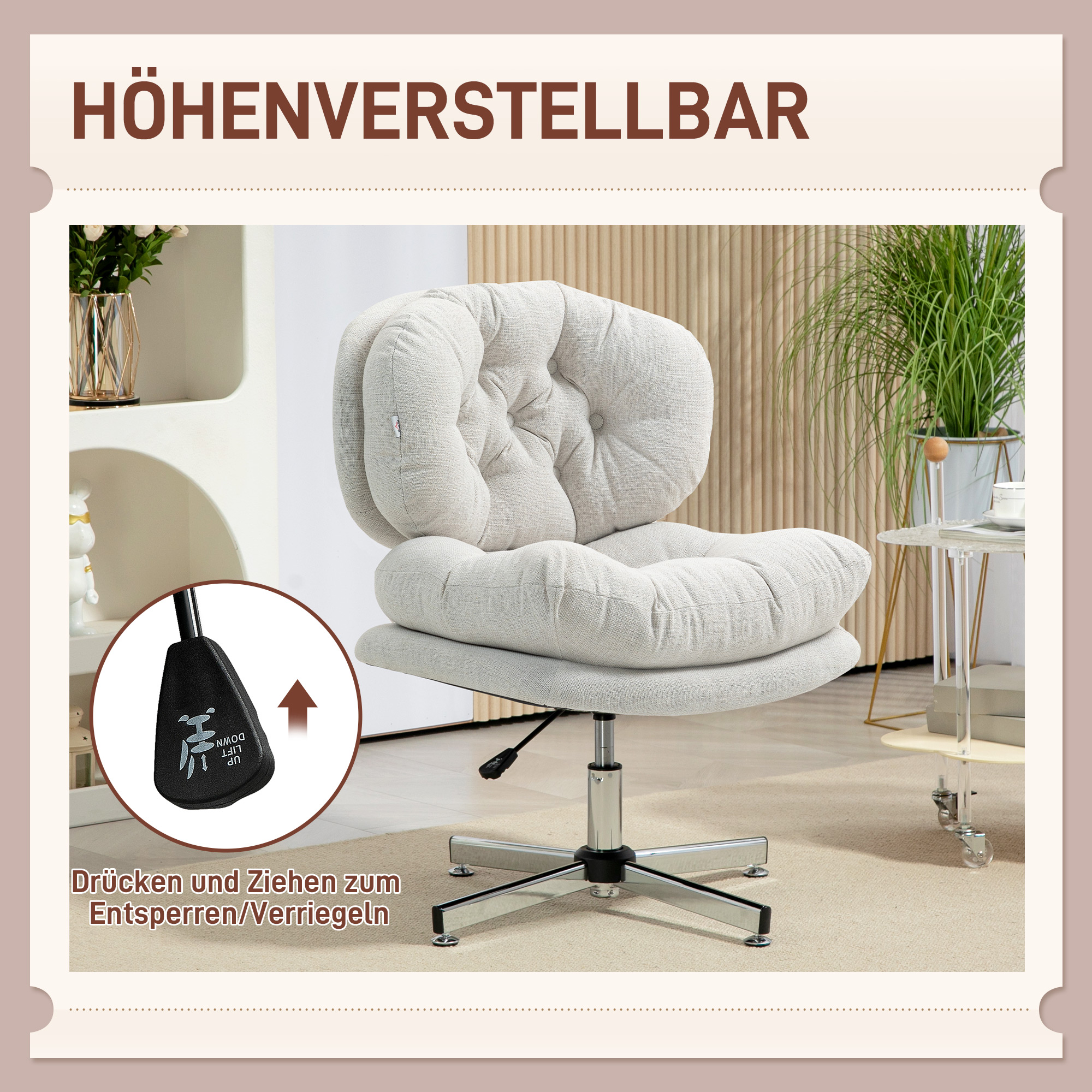 Bürostuhl ohne Armlehnen, bequemer Schreibtischstuhl mit gepolstertem Sitz und verstellbarer Höhe, Cremeweiß