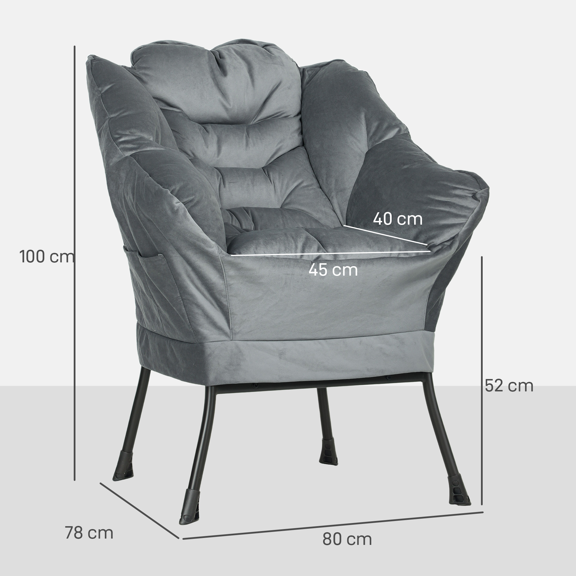 Moderner Akzentstuhl, Polsterstuhl mit Stahlbeinen und Seitentaschen, für Wohnzimmer, Schlafzimmer, Grau