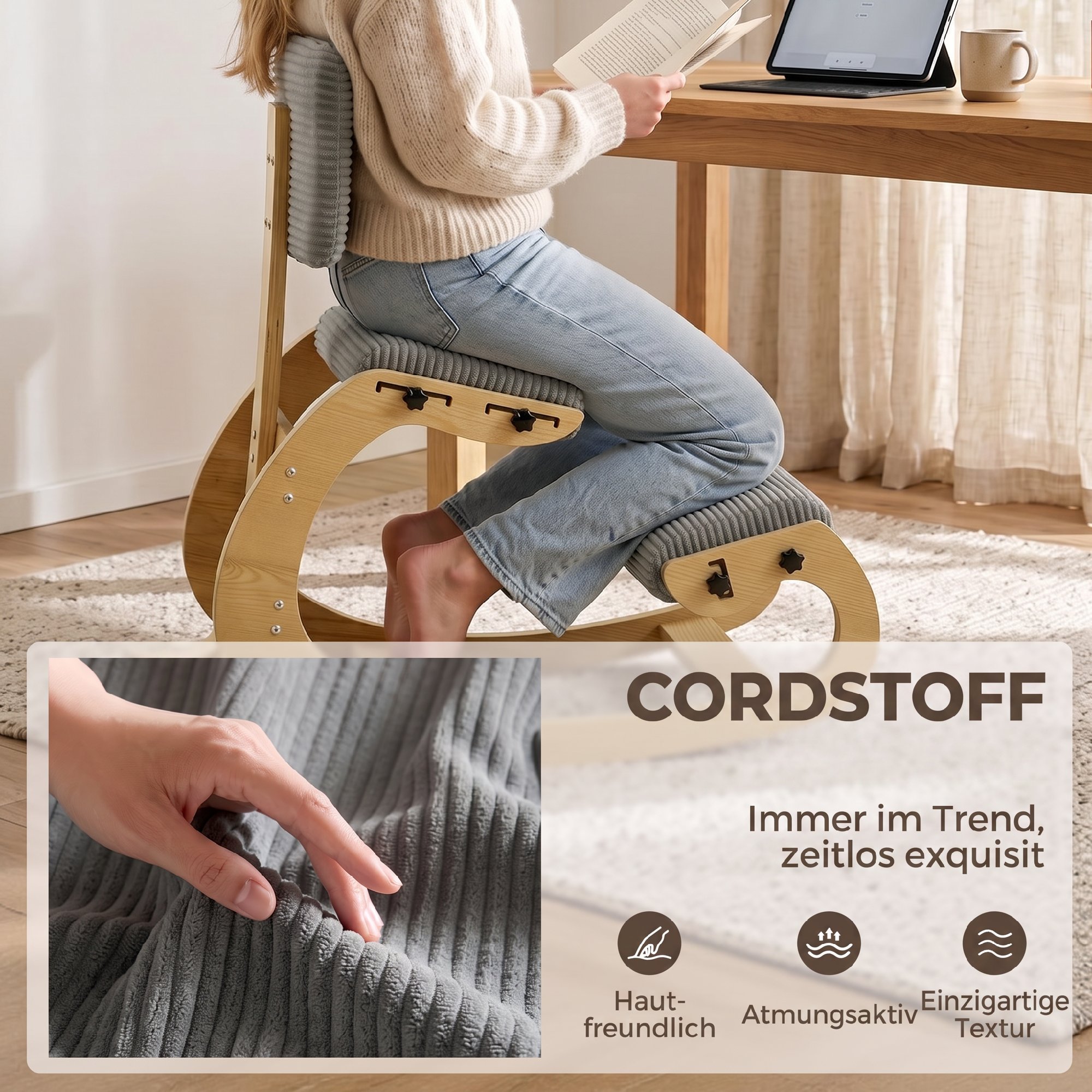 Ergonomischer Kniestuhl, Kniehocker mit Rückenlehne, Cord-Optik, Bürostuhl für Zuhause, Büro, Meditation, Dunkelgrau