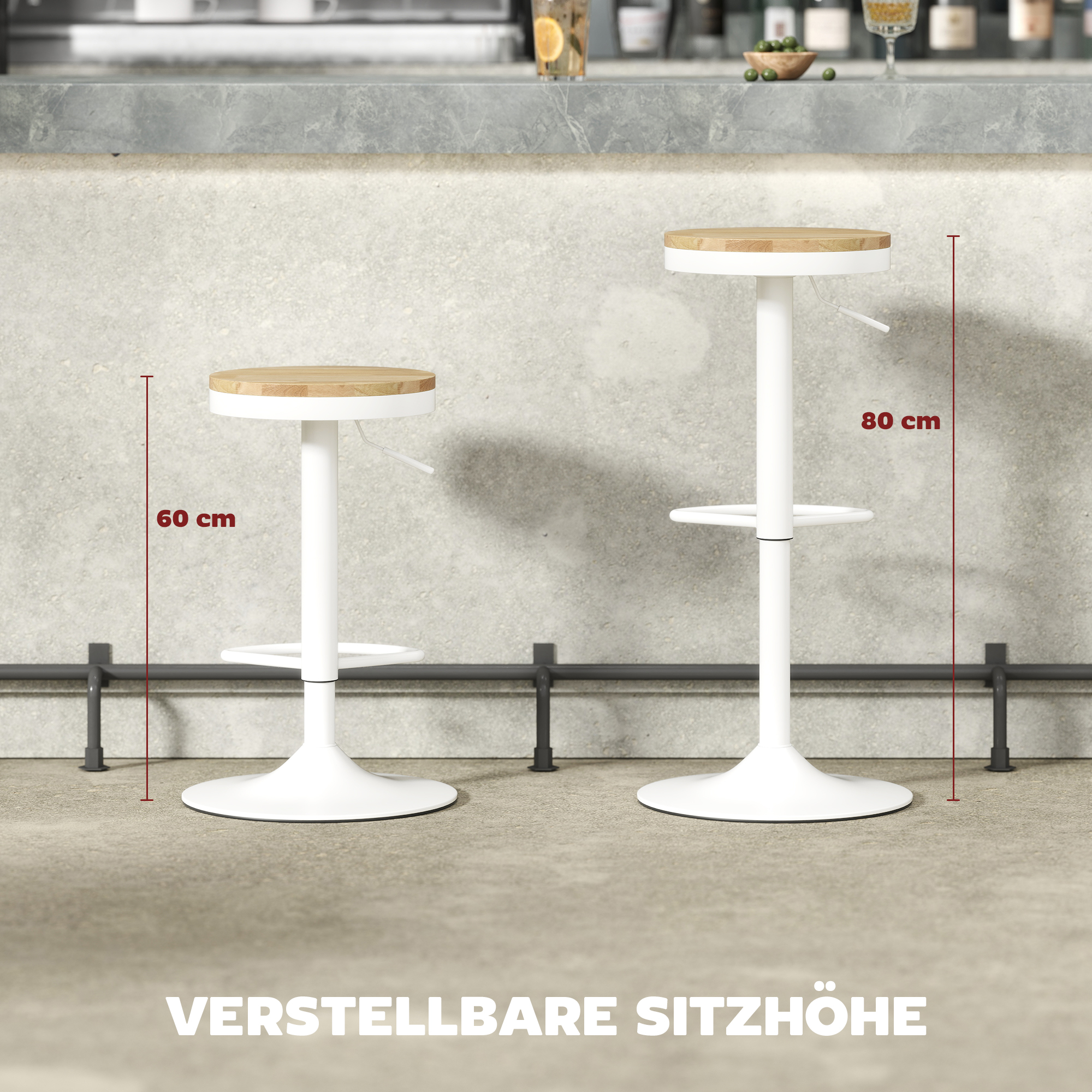 Barhocker 2er Set, Höhenverstellbar 360° Drehbar Barstuhl mit Stahlgestell Fußstütze 38,5x38,5x60-80 cm Naturholz+Weiß