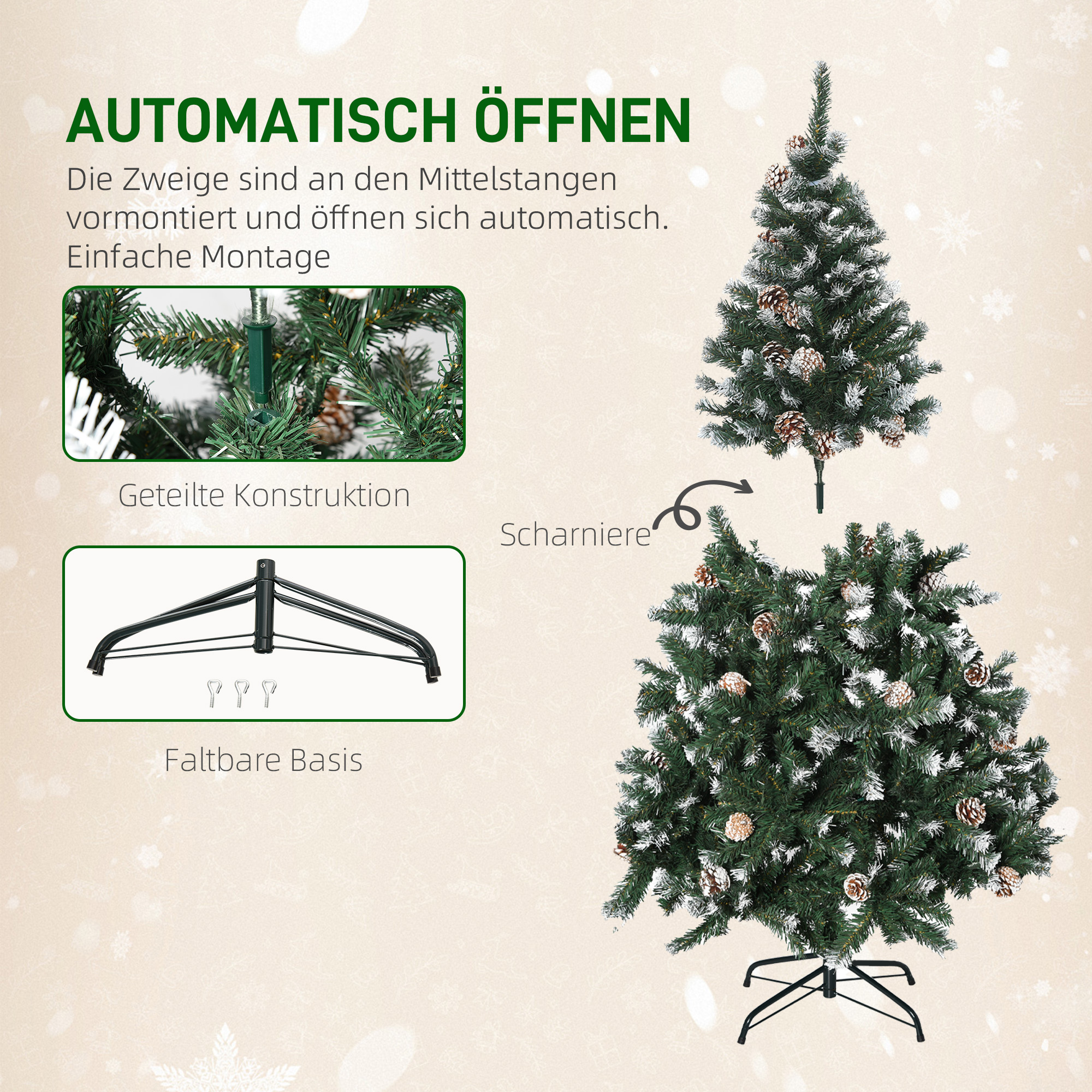 Weihnachtsbaum, 676 Zweige, 41 Zapfen, verschneite Spitzen, feuerfest, 180 cm