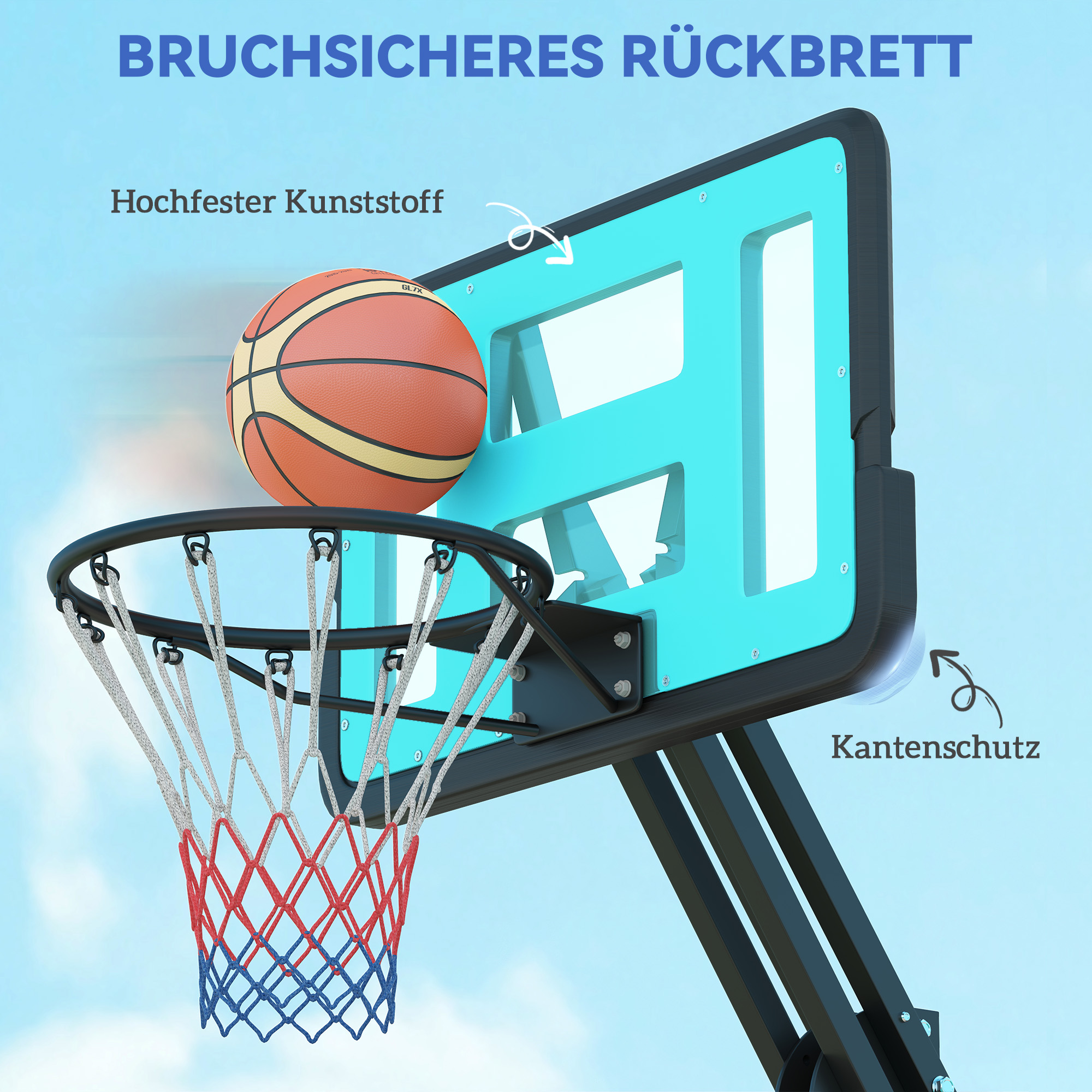 Basketballkorb, 146-236 cm höhenverstellbar, Basketballständer, rollbar, Stahl, Kunststoff, Schwarz