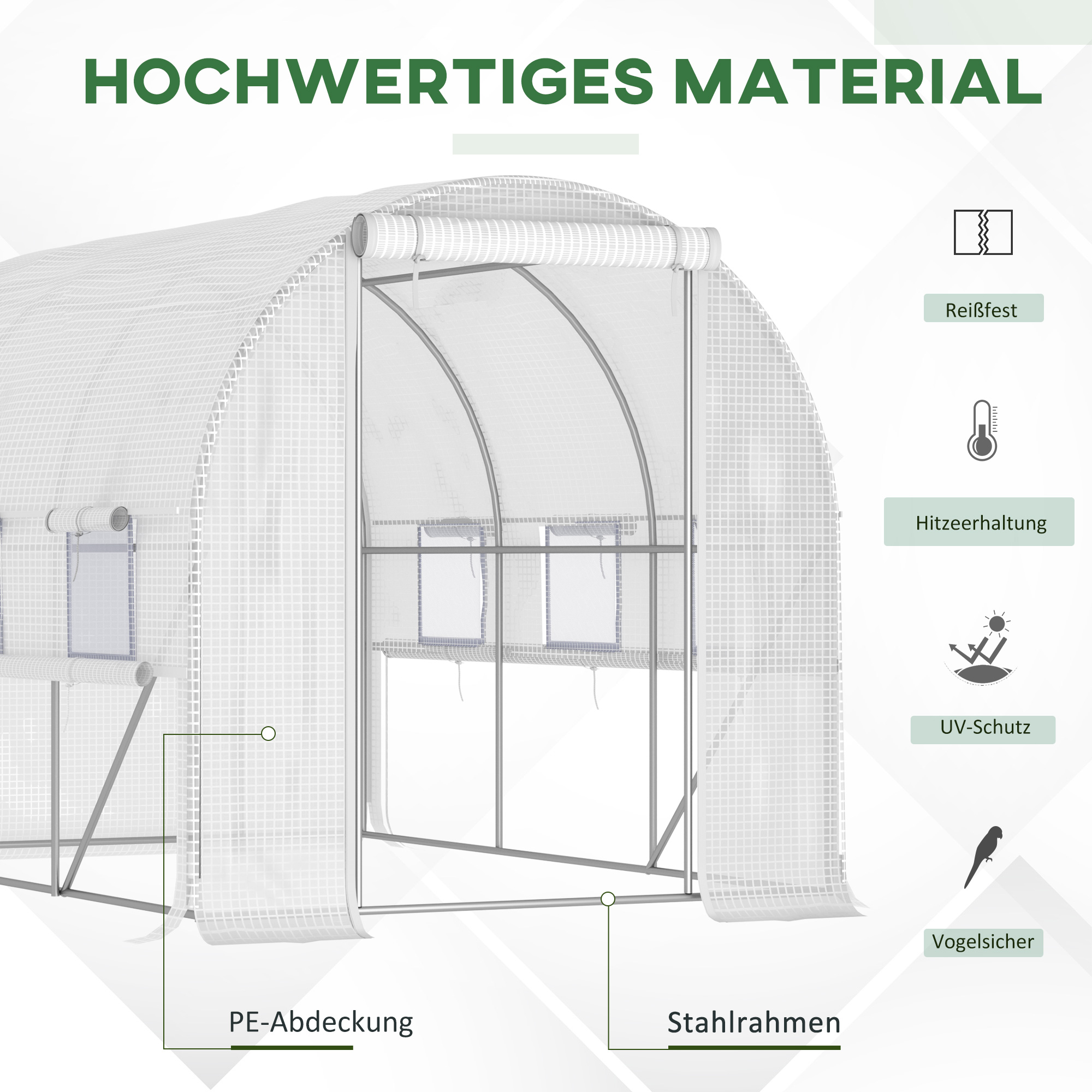 Foliengewächshaus, 6 aufrollbare Fenster, Tür mit Reißverschluss, rostfreier Stahlrahmen, 2,95 x 2 x 2 m, Weiß