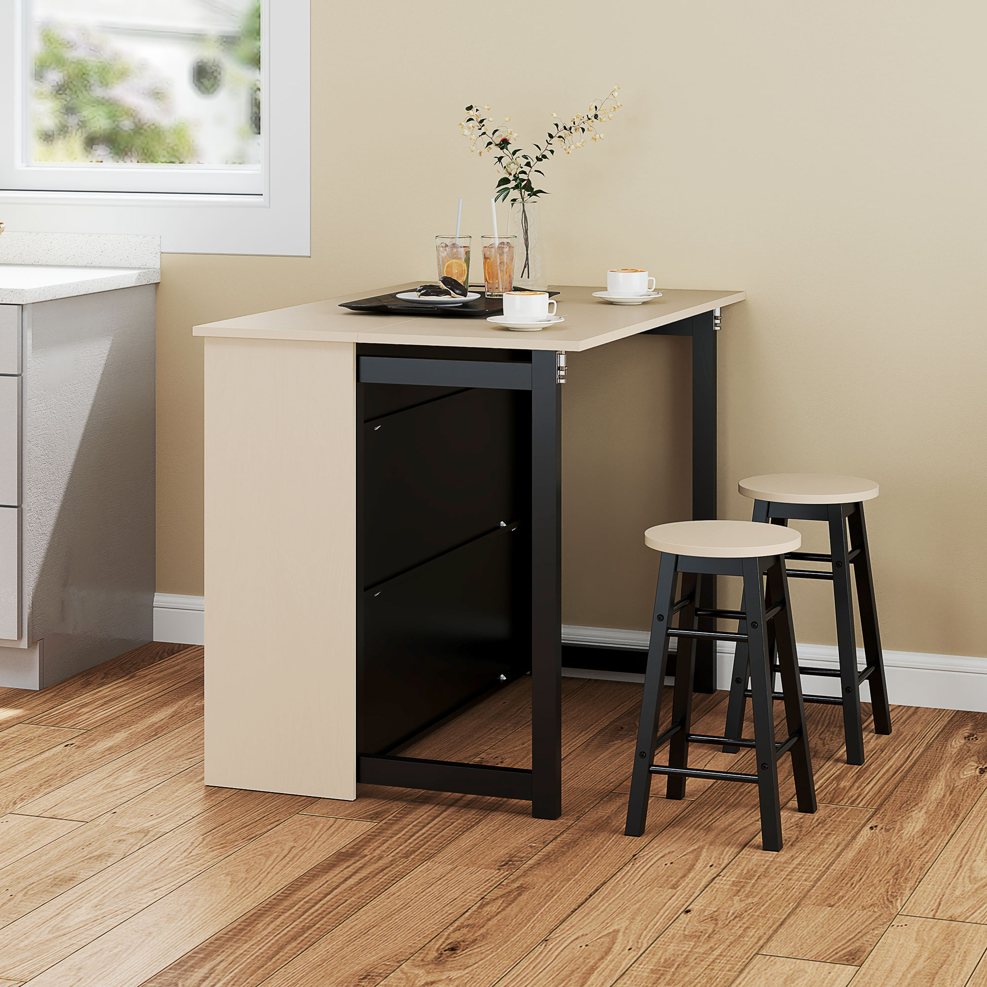 3-tlg. Barset, Bartisch mit klappbarer Tischplatte, 2 Barhocker, 6 Staufächer, schwarz+Eiche, 116 x 70 x 89,5 cm