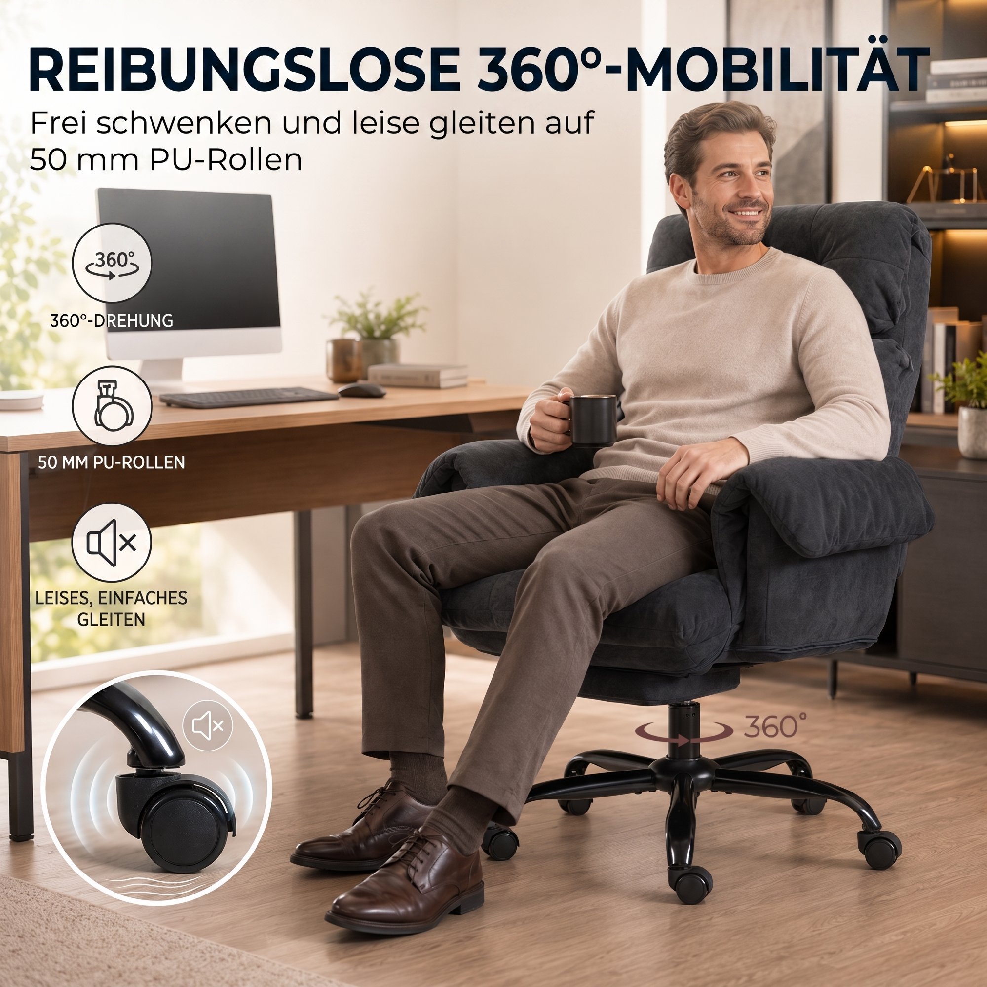 Bürostuhl mit verstellbarer Rückenlehne, rollbarer Polsterstuhl, Polstersessel, höhenverstellbar, Stahl, Dunkelgrau