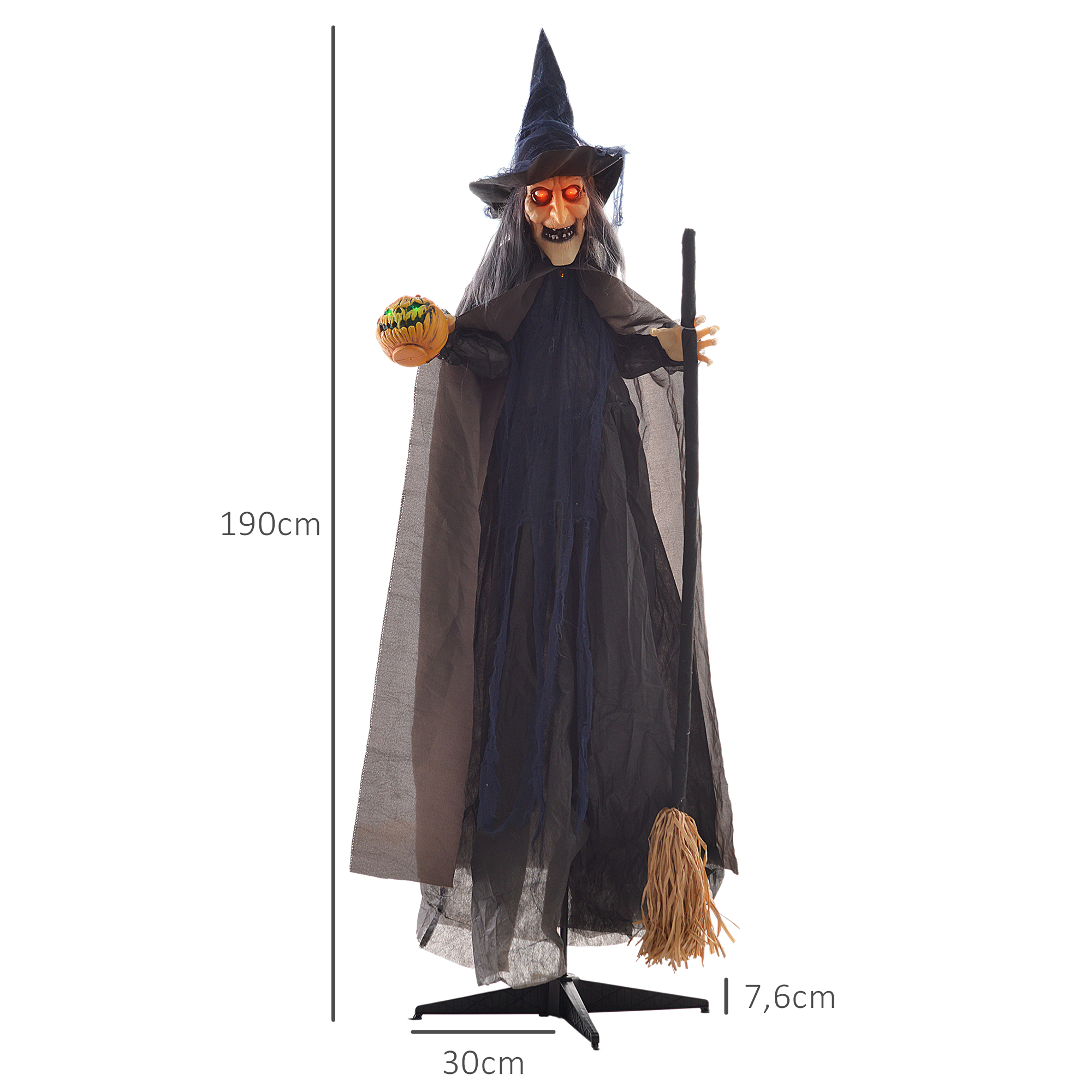 Halloweendekoration Hexe mit Besen, leuchtende Augen, gruselige Geräusche, biegsame Arme, 107x65x190 cm Halloweendekoration Hexe mit Besen, leuchtende Augen, gruselige Geräusche, biegsame Arme, 107x65x190 cm