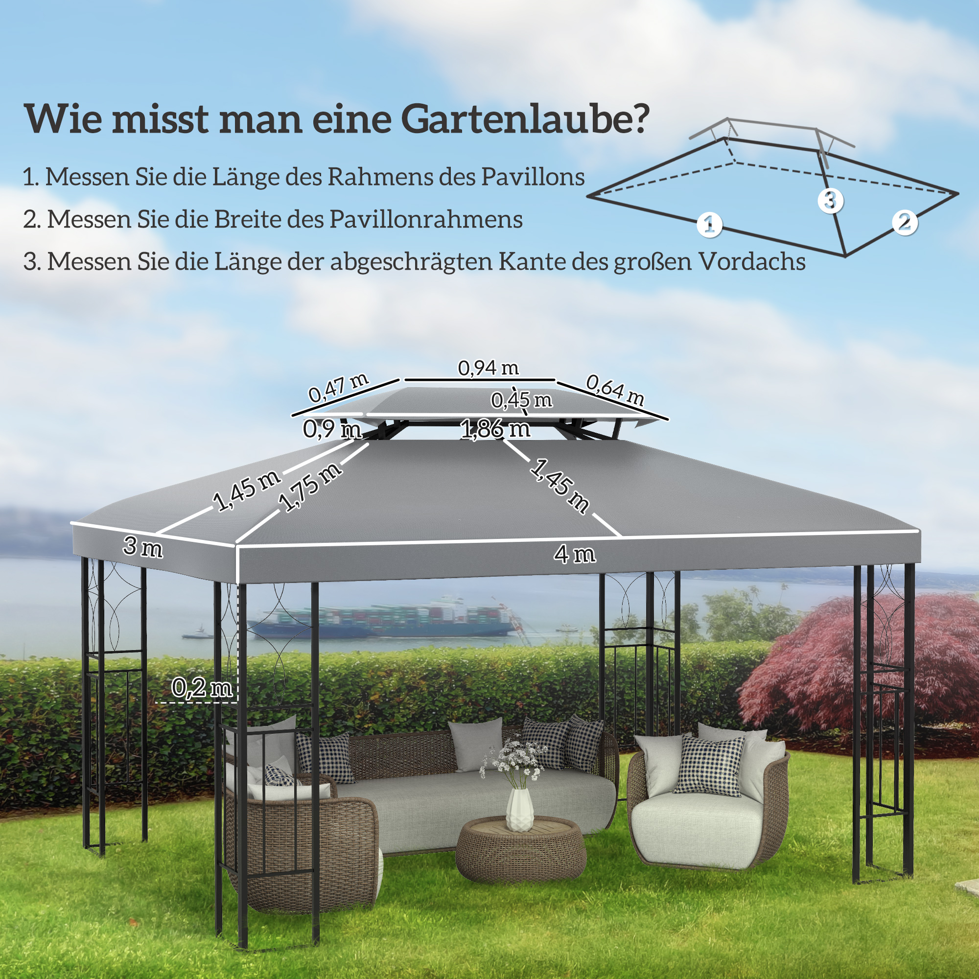 Ersatzdach für Metallpavillon 3x4m wasserabweisend Pavillondach mit Doppeldach, Ersatzbezug für Gartenpavillon Partyzelt Gartenzelt Polyester Hellgrau