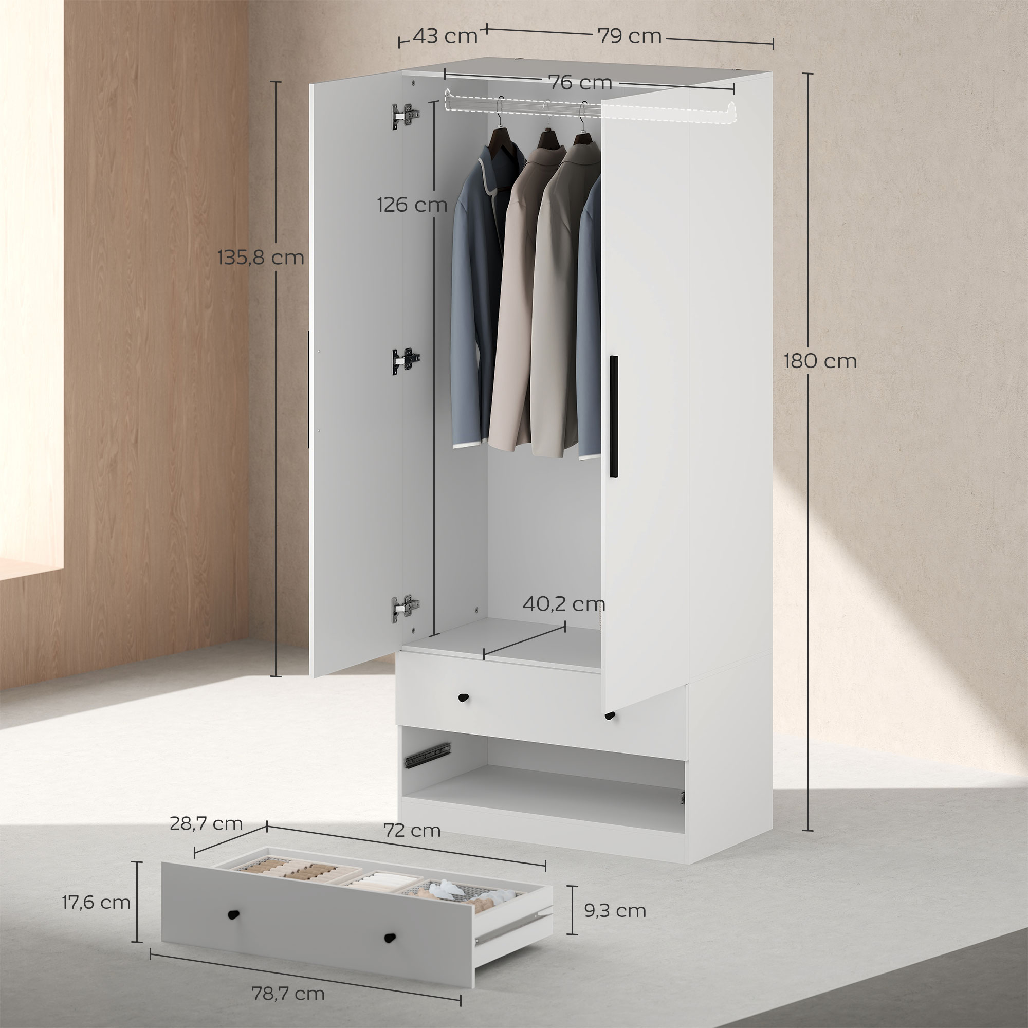 Kleiderschrank, 2 Türen, Hängebereich, Kleiderstange, 2 Schubladen, Spanplatte, Weiß