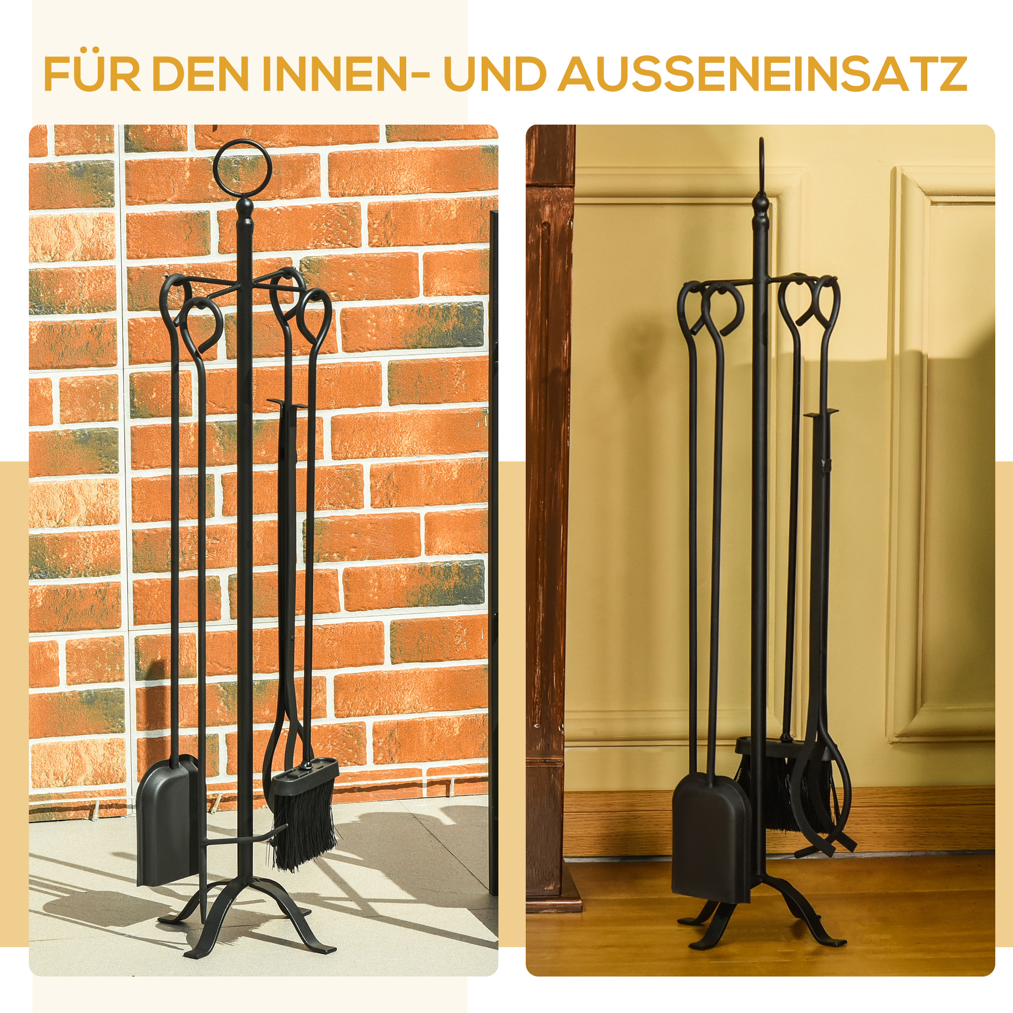 5-teiliges Kamingarnitur Kamin Garnitur Set Kaminbesteck innen Kamin Zubehör Kaminofen Besteck Schmiedeeisen Besteck Werkzeuge Metall Schwarz 20 x 20 x 82,5 cm