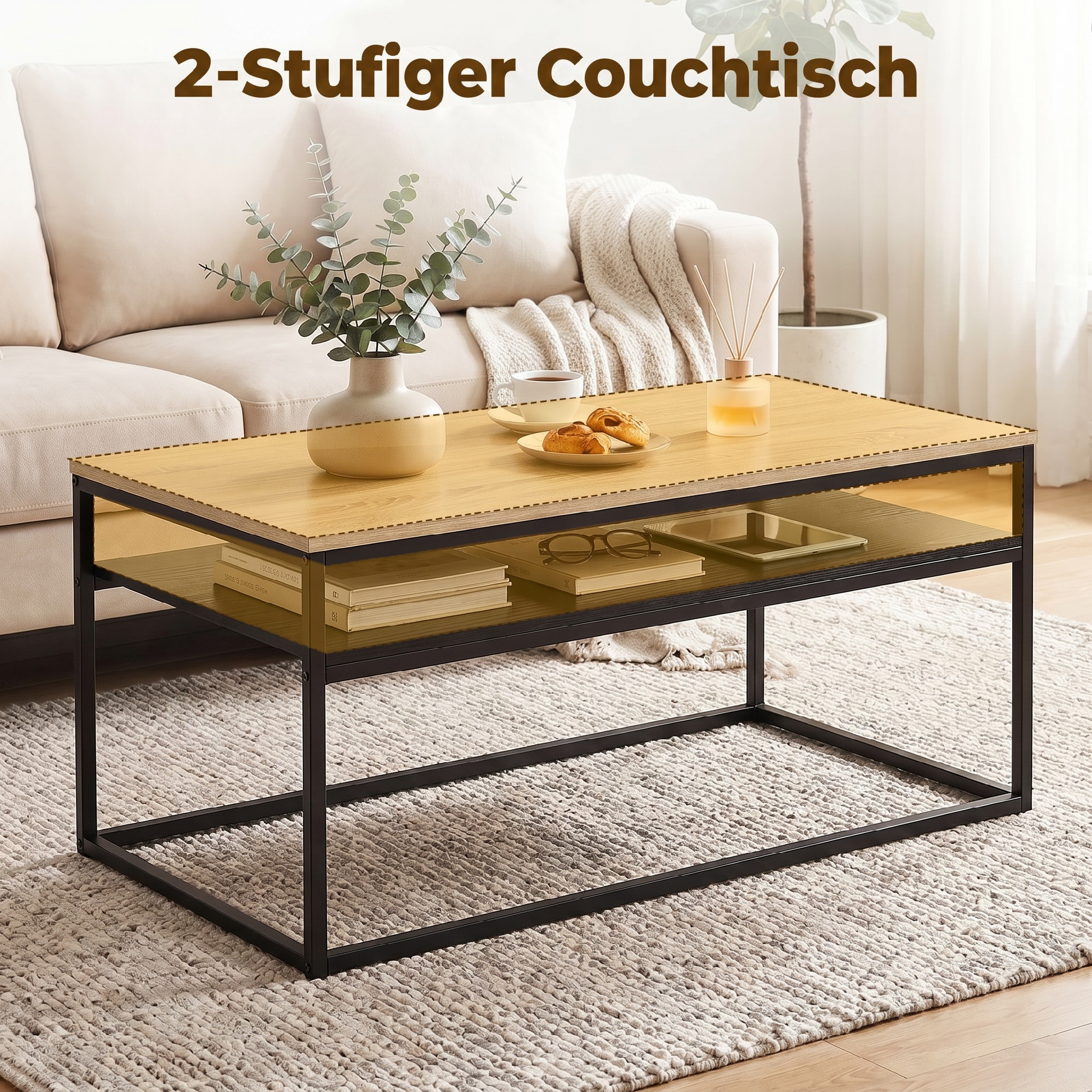 Couchtisch mit Ablage, moderner Industriestil, Wohnzimmertisch für Wohnzimmer, Schlafzimmer, 100 x 59,8 x 47 cm, Eiche