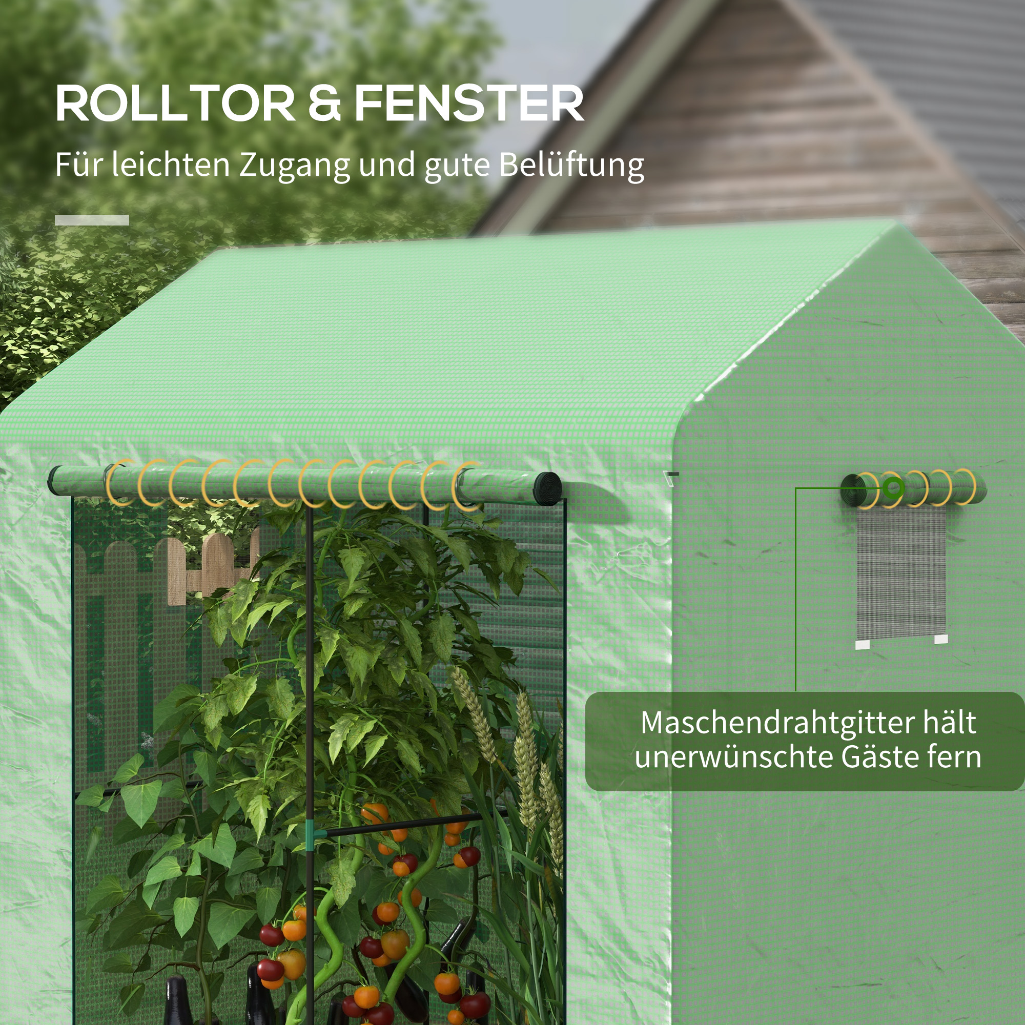 Gewächshaus Treibhaus Frühbeet, wetterbeständig, aufrollbare Tür, 200 x 200 x 140 cm, Grün