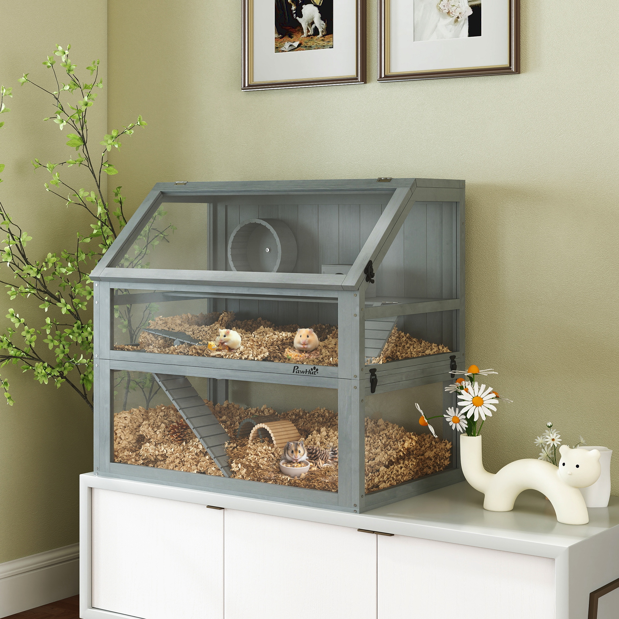 Hamsterkäfig Holz, 3 Etagen mit Untergeschoss, abnehmbare Ebene, für Kleintiere, 80x50x76cm, Hellgrau