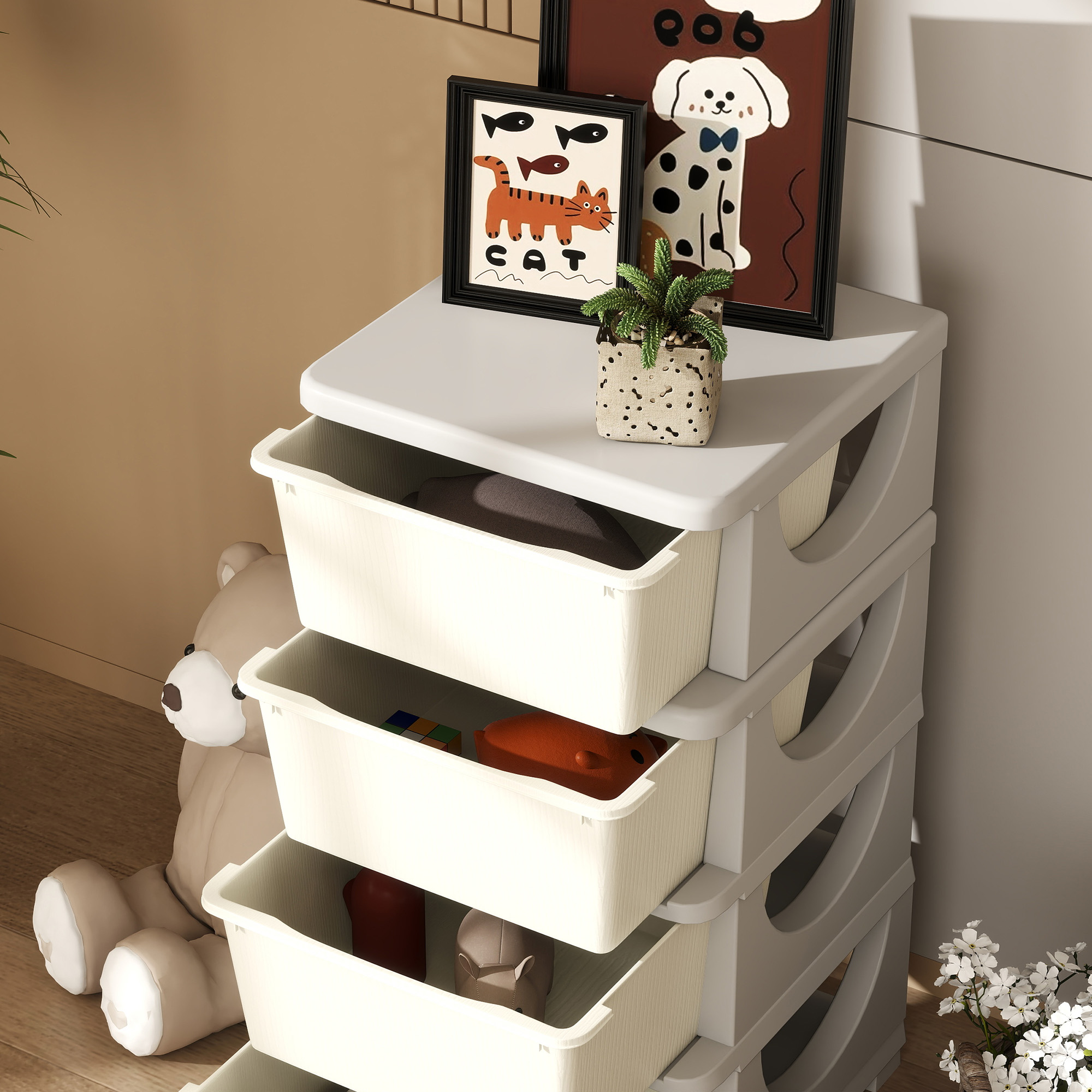 Aufbewahrungsboxen für Kinder, 4 große Schubladen, runde Kanten, Kunststoff, 37x37x76 cm, Cremeweiß
