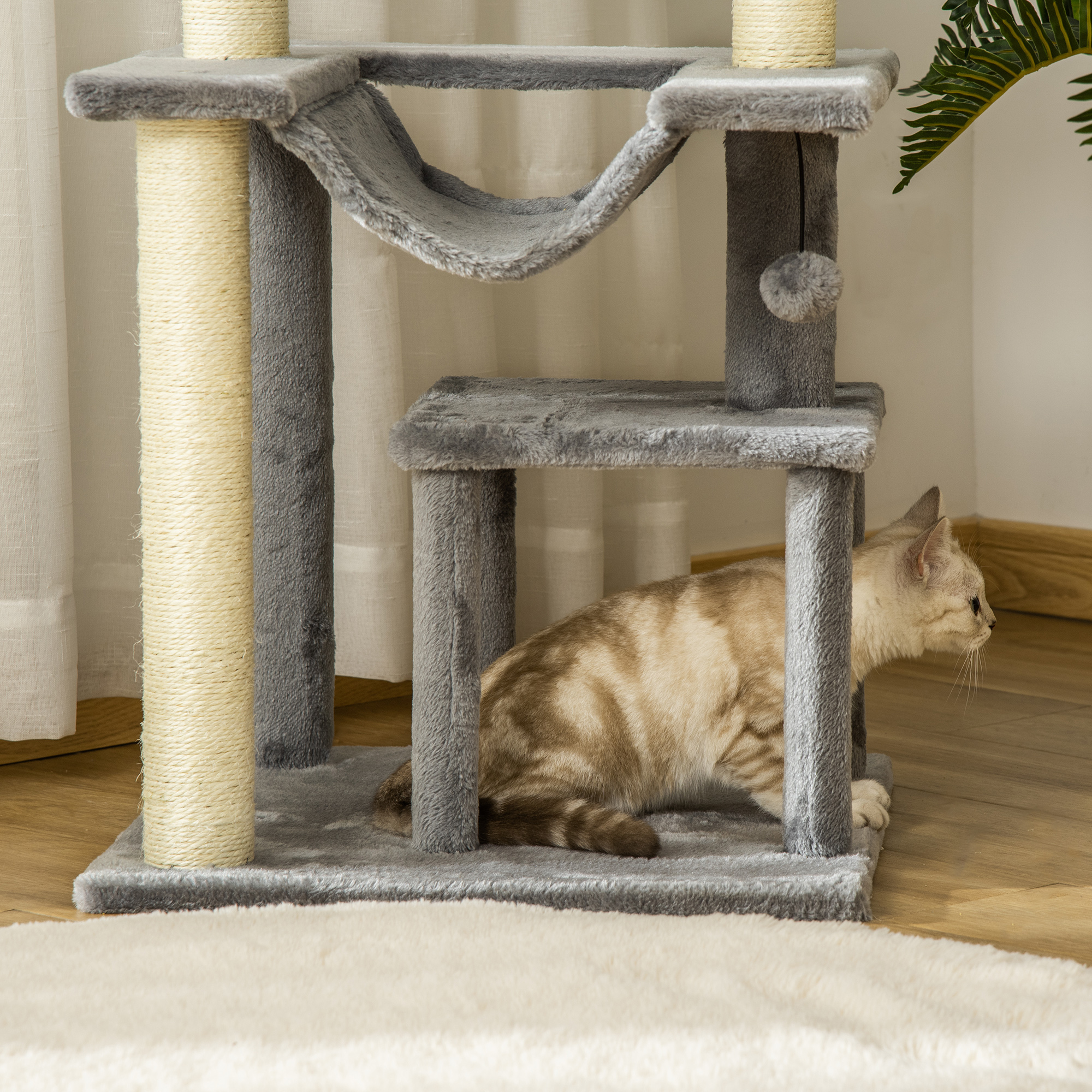 Katzenbaum 90 cm Kratzbaum mit Hängematte Spielbaum Katzenhöhle Plattformen Kletterbaum Katzenkratzbaum Aktivitätskratzbäum Plüsch Sisal Grau