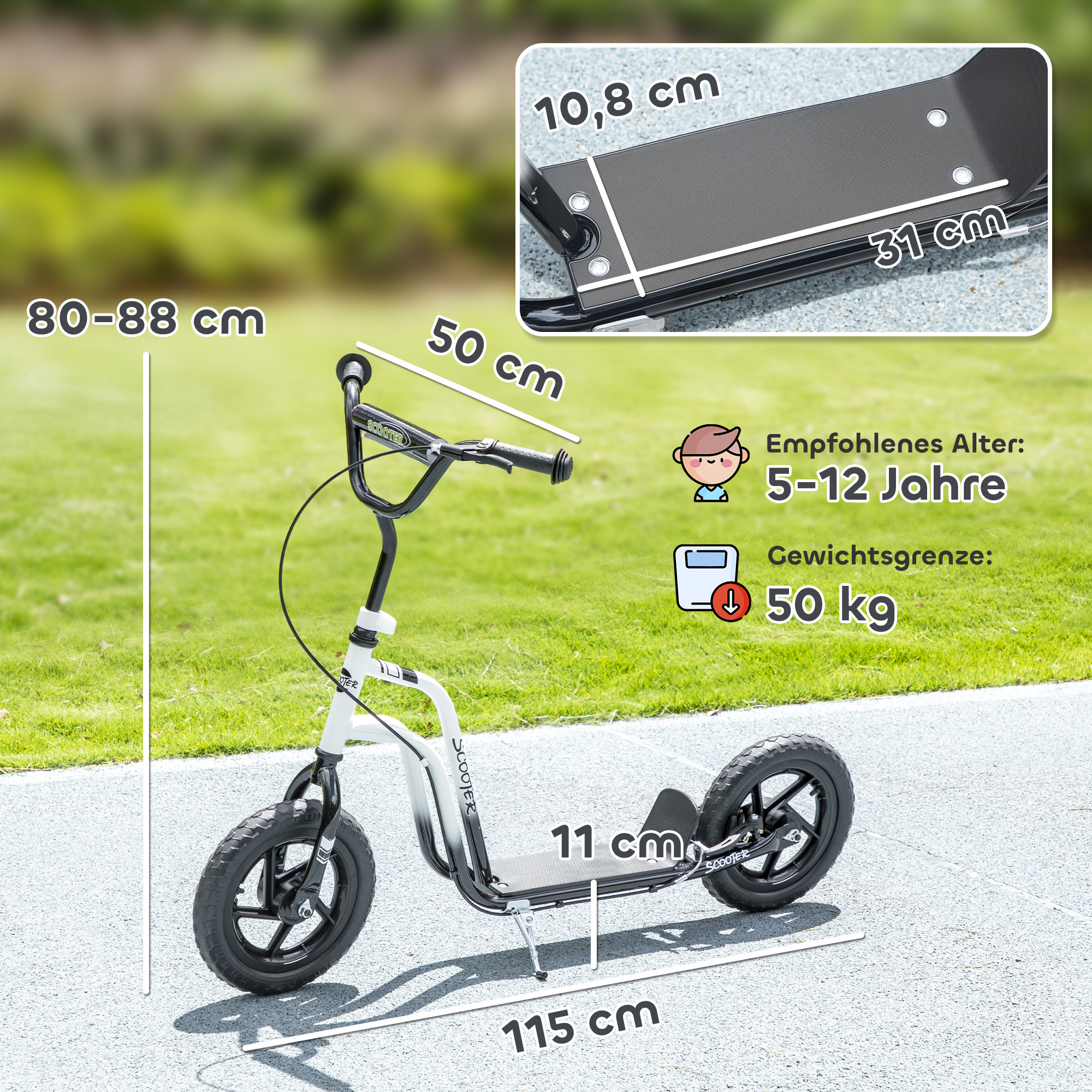 Kinderroller mit verstellbarem Lenker, große Räder, Parkständer, Handbremse, für Kinder im Alter von 5-12 Jahren, Weiß