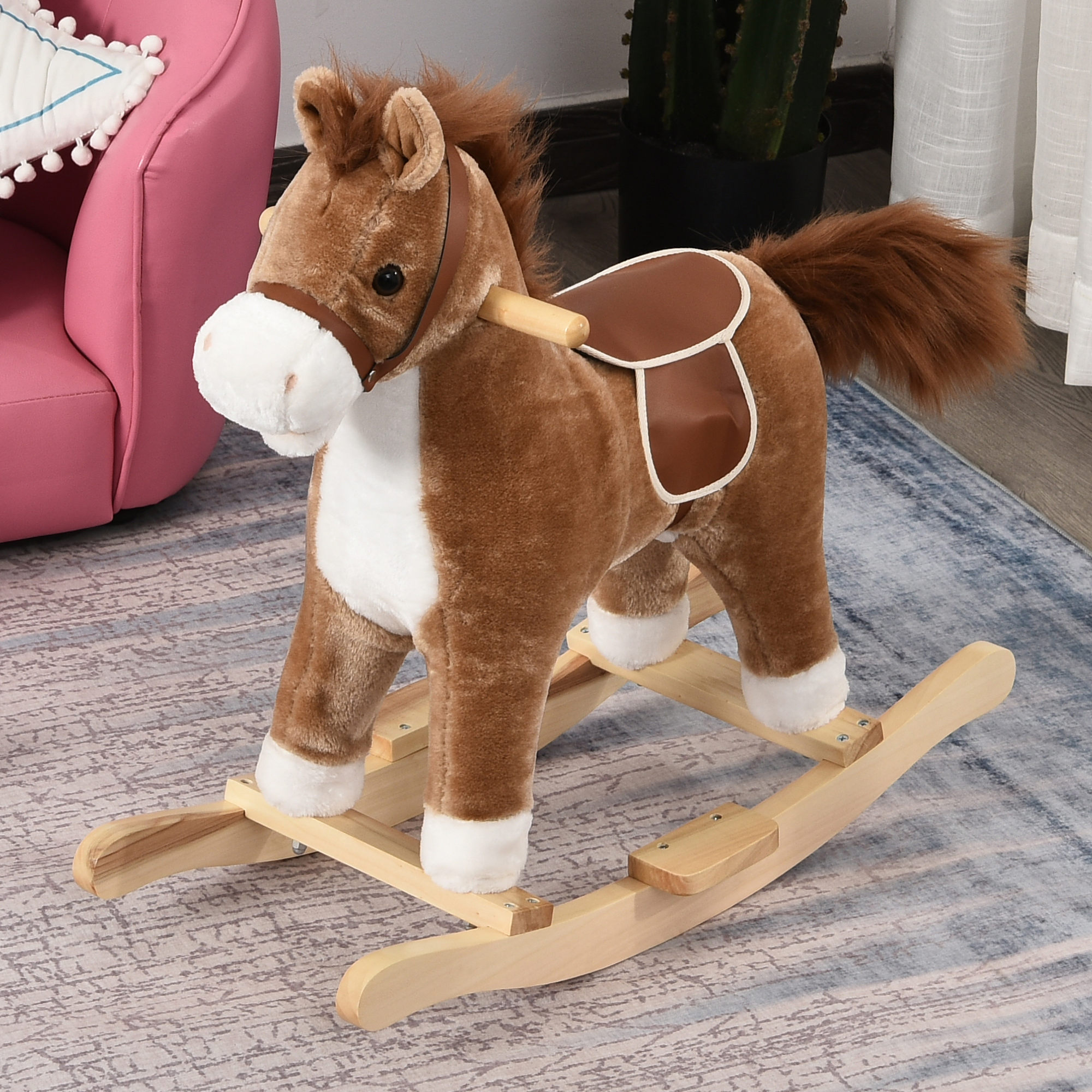 Kinder Schaukelpferd Baby Schaukeltier Pferd mit Tiergeräusche Spielzeug Haltegriffe für 36-72 Monate Plüsch Braun 65 x 32,5 x 61 cm