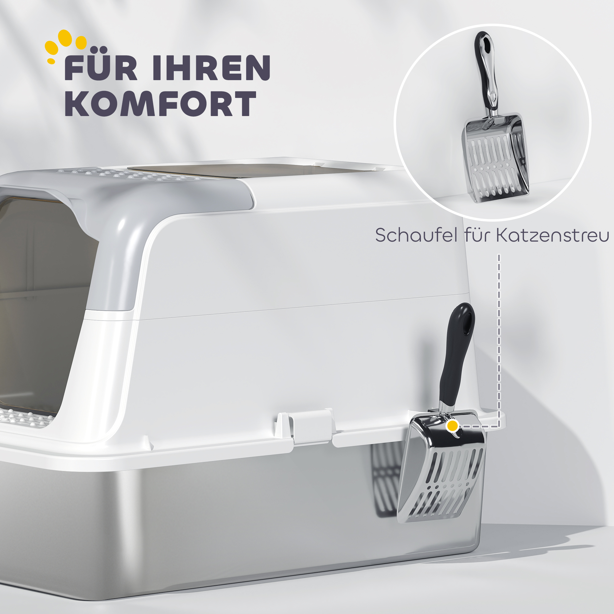 Katzenklo, Katzentoilette mit Deckel, Streuschaufel, vorne Eingang und ober Ausgang Edelstahl bis 7 kg