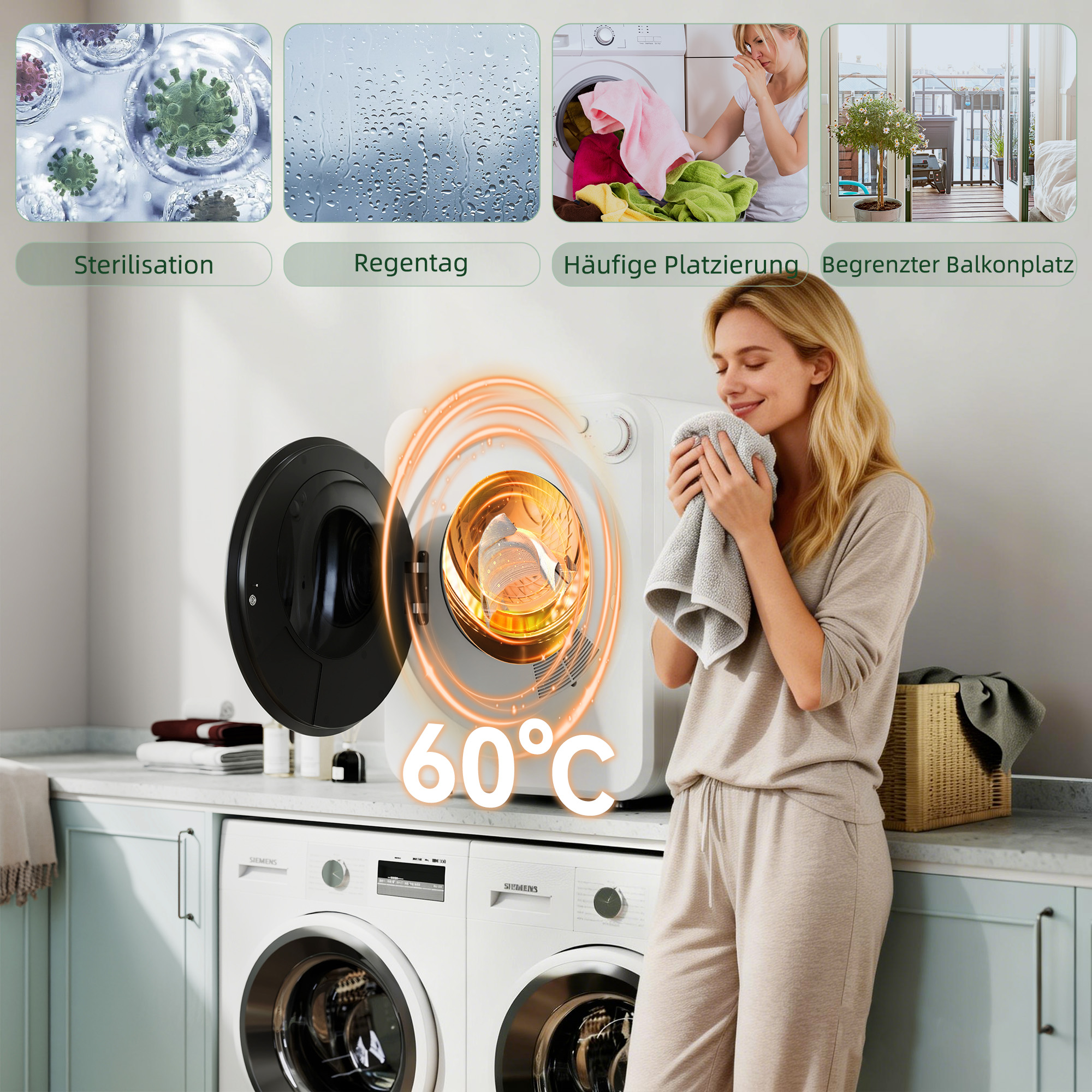 Mini Wäschetrockner 4 kg mit 5 Programme bis zu 60? 800W/400W Ablufttrockner mit reversibl Edelstahltrommel Weiß