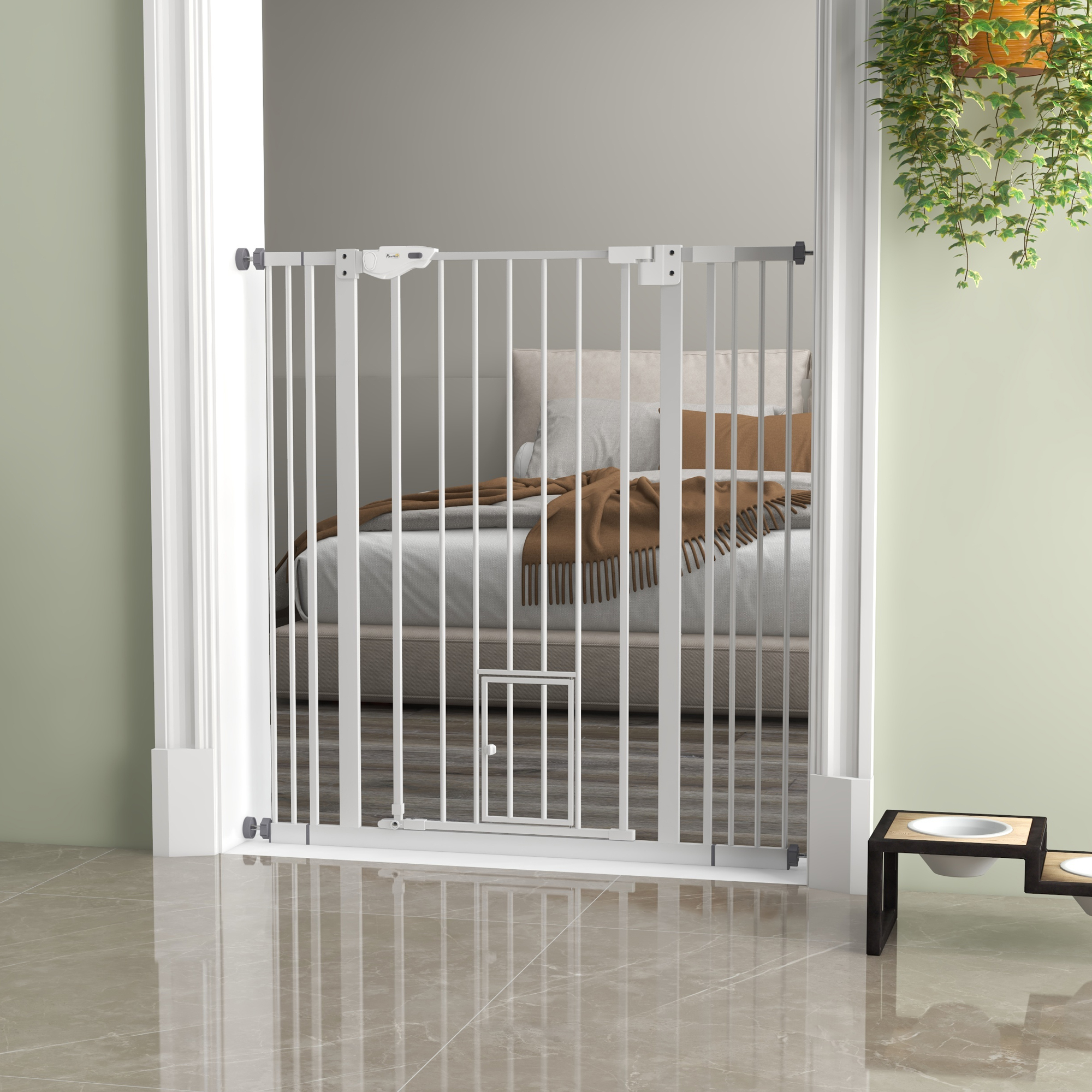 Hunde-Absperrgitter, doppelte Verriegelung, selbstschließende Tür, 104 cm hoch, Stahl, Weiß