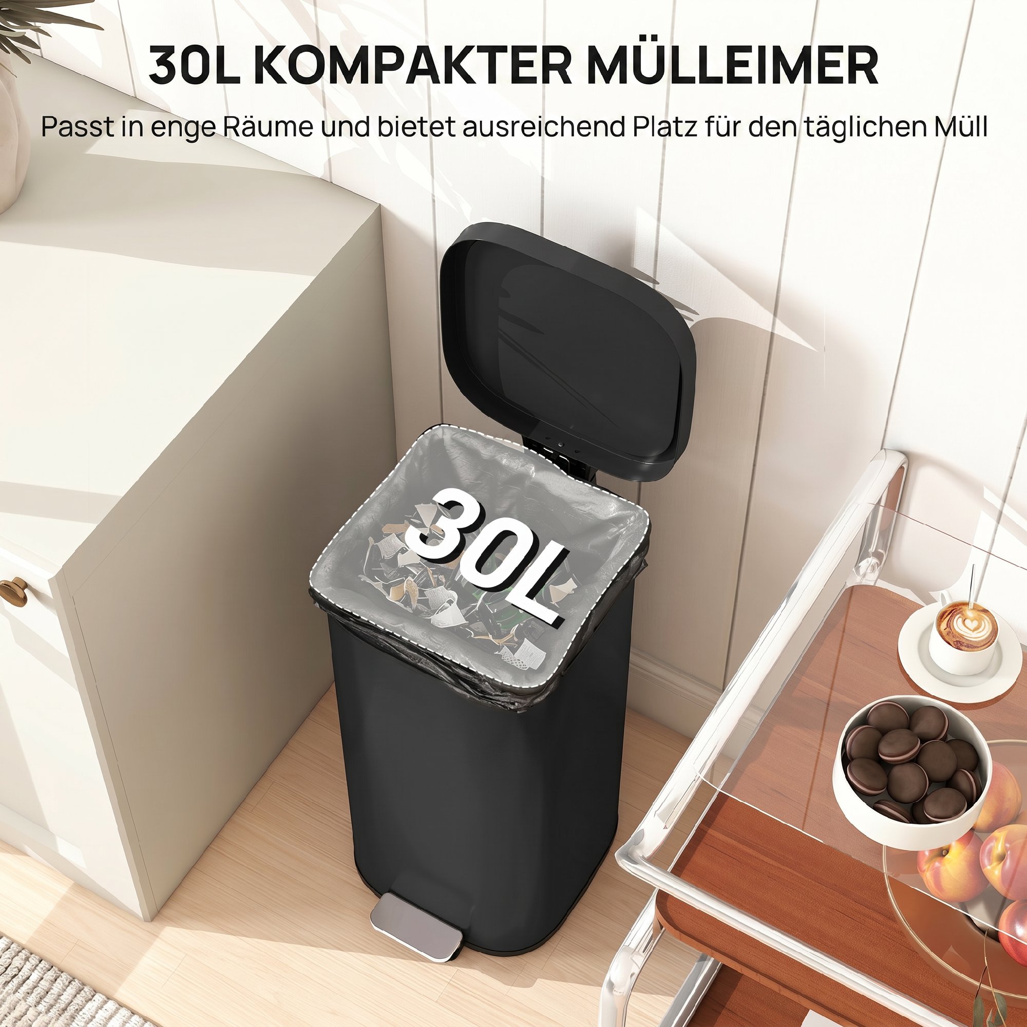 30L Küchenmülleimer Pedaleimer mit Deckel, Soft-Close- und Offenhalte-Funktion für Küche, Zuhause