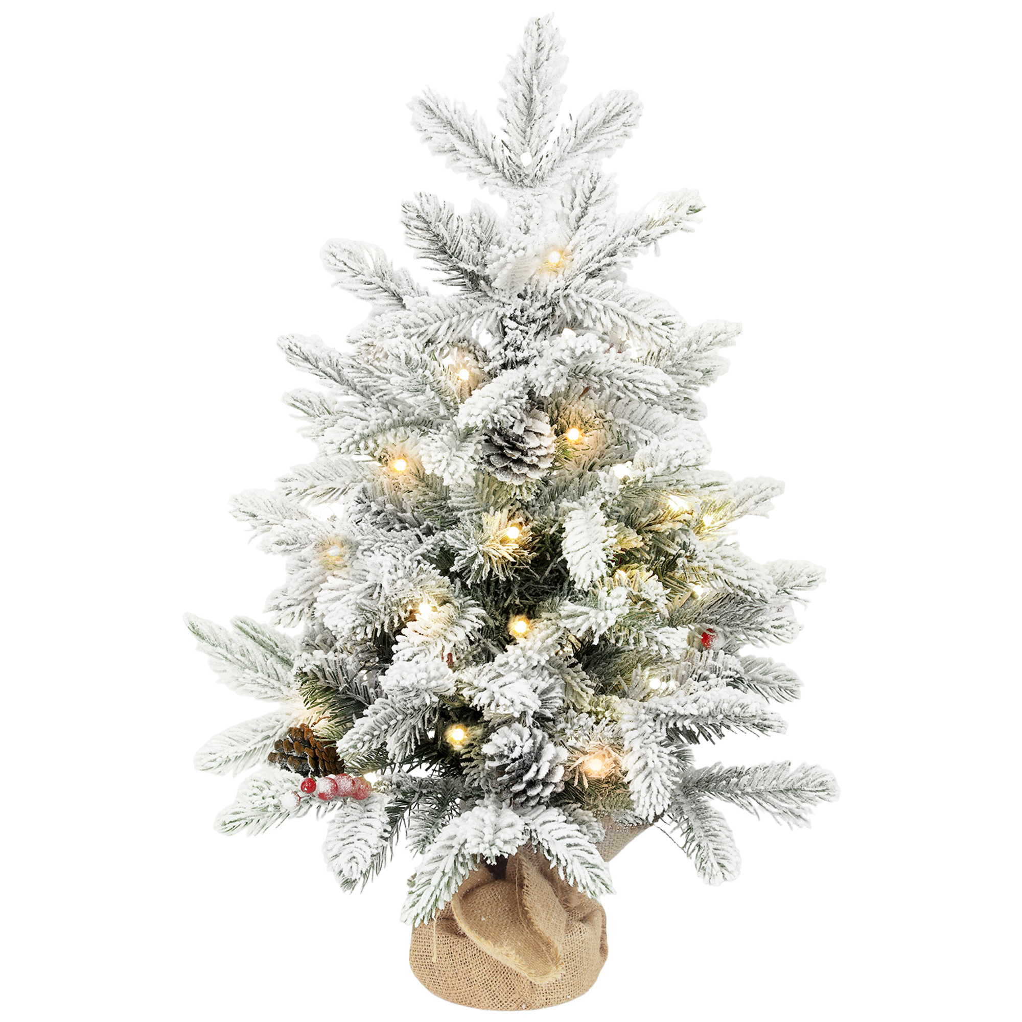 Mini 60cm Weihnachtsbaum mit 35 LED-Lichtern, Schnee-Effekt, Mini-Tischbaum mit Tannenzapfen, Künstlicher Weihnachtsbaum für Weihnachtsdekoration, Weiß