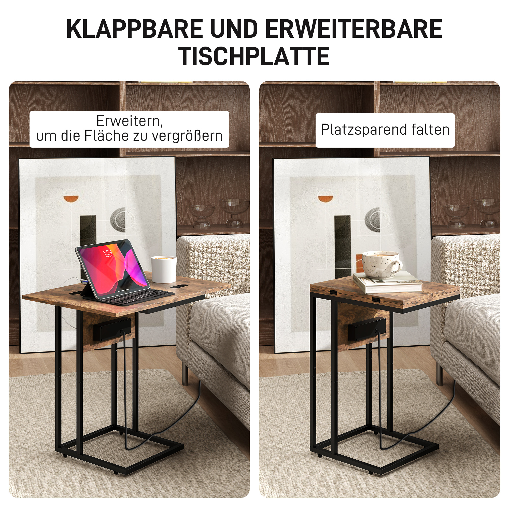 Klappbarer Beistelltisch, Ladestation mit USB-Ports, Metall, 39 x 29 x 57 cm, Braun
