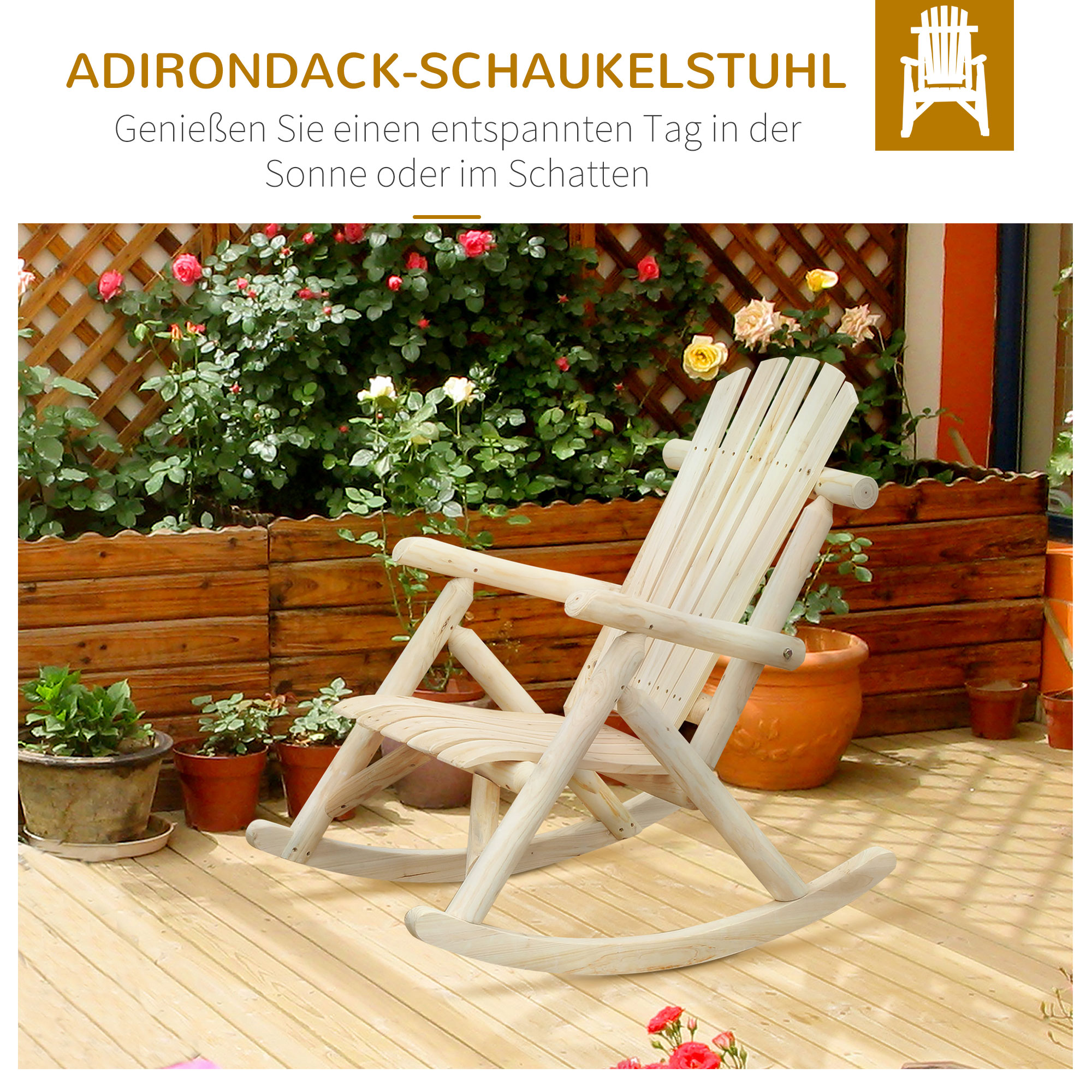 Schaukelstuhl aus Holz Schaukelsessel mit hoher Rückenlehne wetterfest Gartenstuhl bis 113kg belastbar Relaxstuhl für Wohnzimmer Garten, Rasen, Balkon Natur