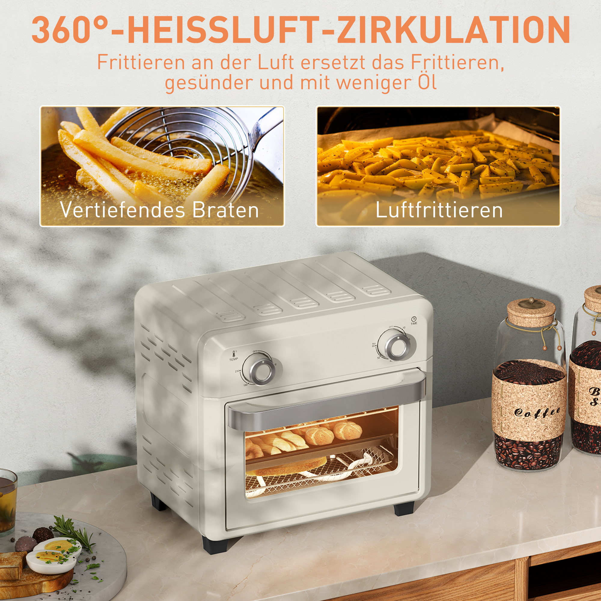 10L Heißluft-Ofen zum Grillen, Backen und Frittieren, Timer, 1000W, Spülmaschinenfest, Cremeweiß