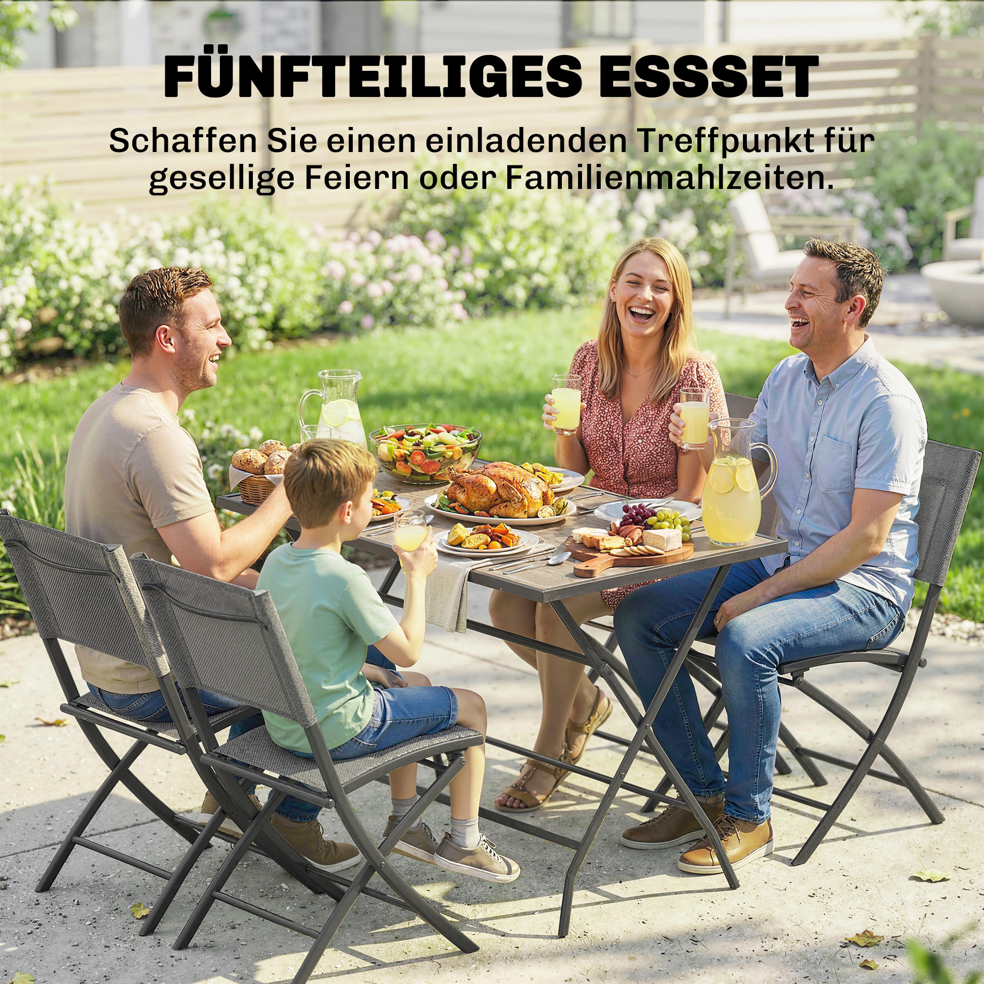 Gartenmöbel Set Klappbar Sitzgruppe 5-teilig Tisch mit 4 Atmungsaktiven Stühlen Holzoptik Platzsparend