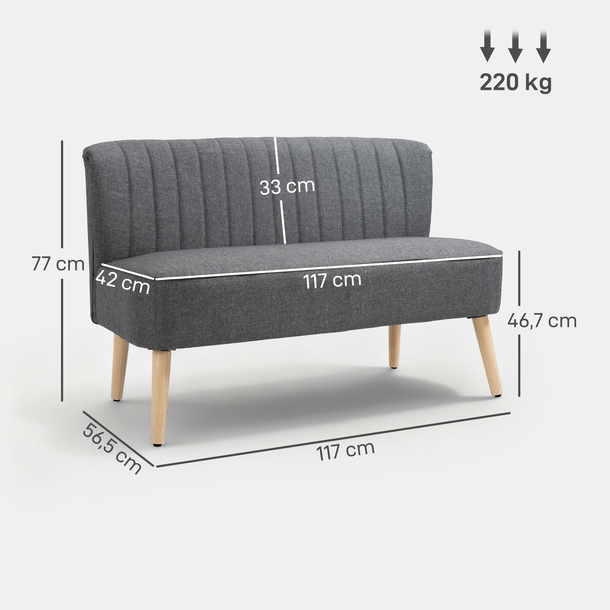 Sofa 2 Sitzer, Polstersofa Leinenoptik, Holzrahmen, Für Wohnzimmer Schlafzimmer, 117 cm, Grau