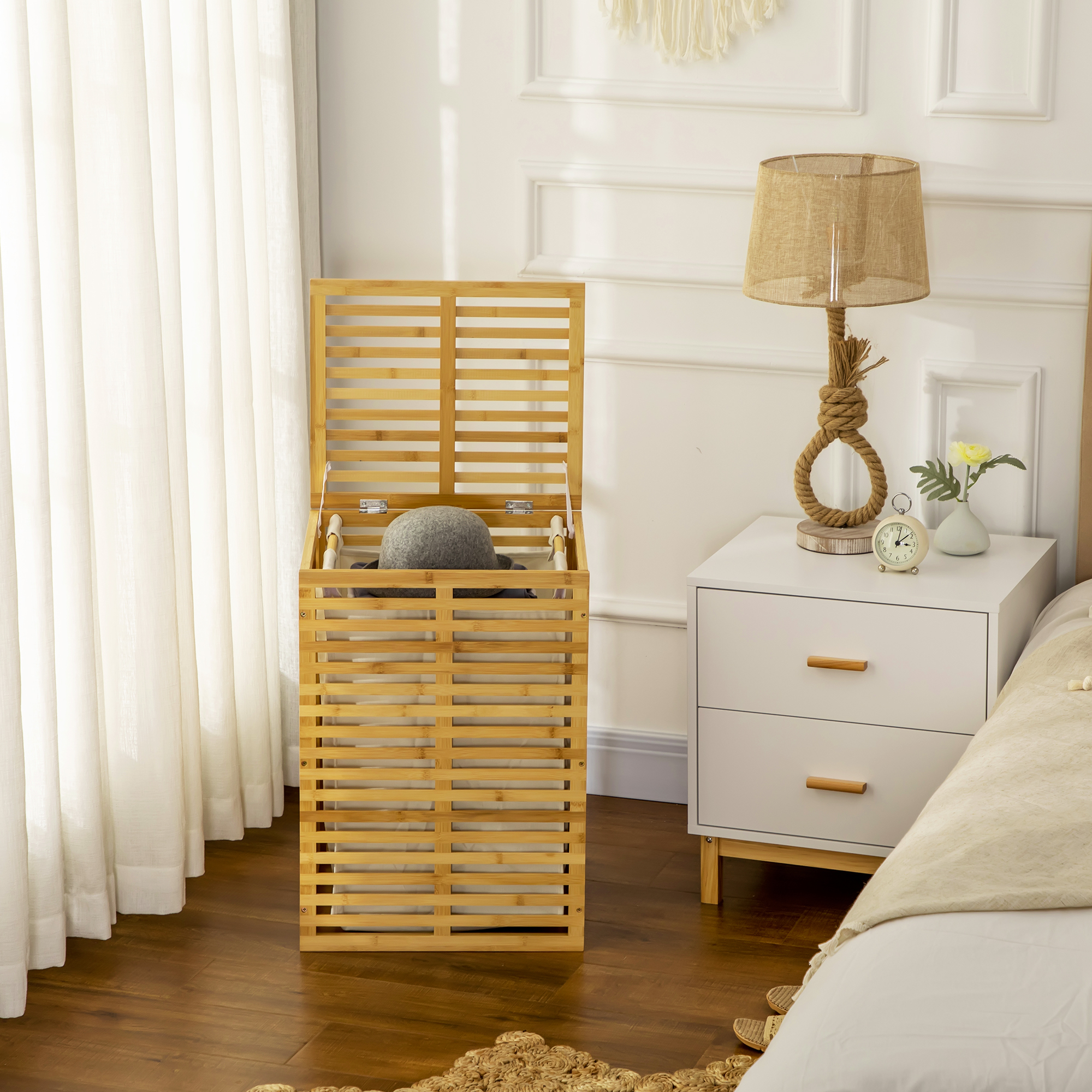 Bambus Wäschekorb mit 63 L Wäschesammler mit Deckel Wäschesack, Stange 44 x 37 x 62,5 cm Naturholz