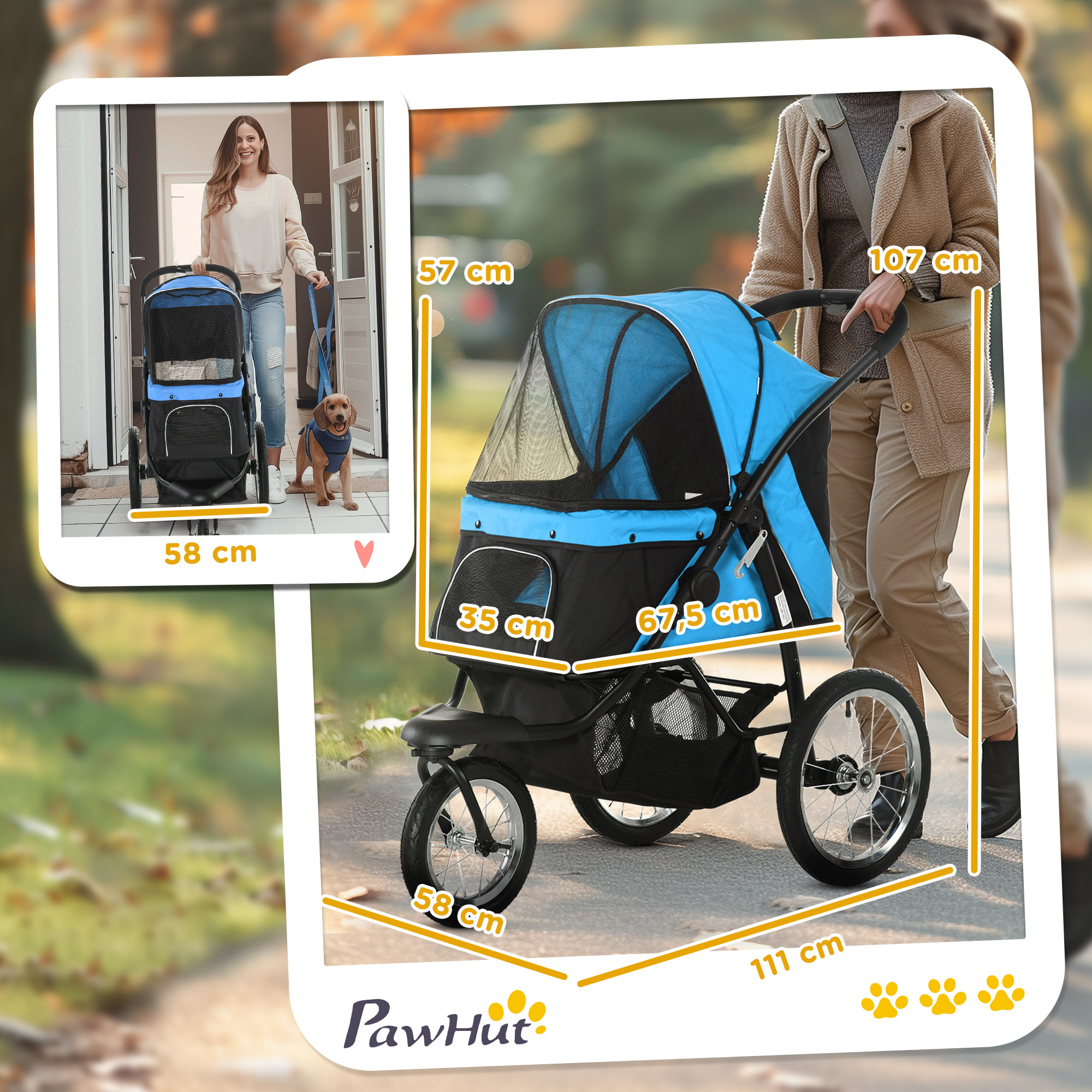 Hundewagen Hundetrolley mit Jogger-Funktion bis 20 kg Klappbar Netzfenster, Ablagekorb, Blau, 111 x 58 x 107 cm