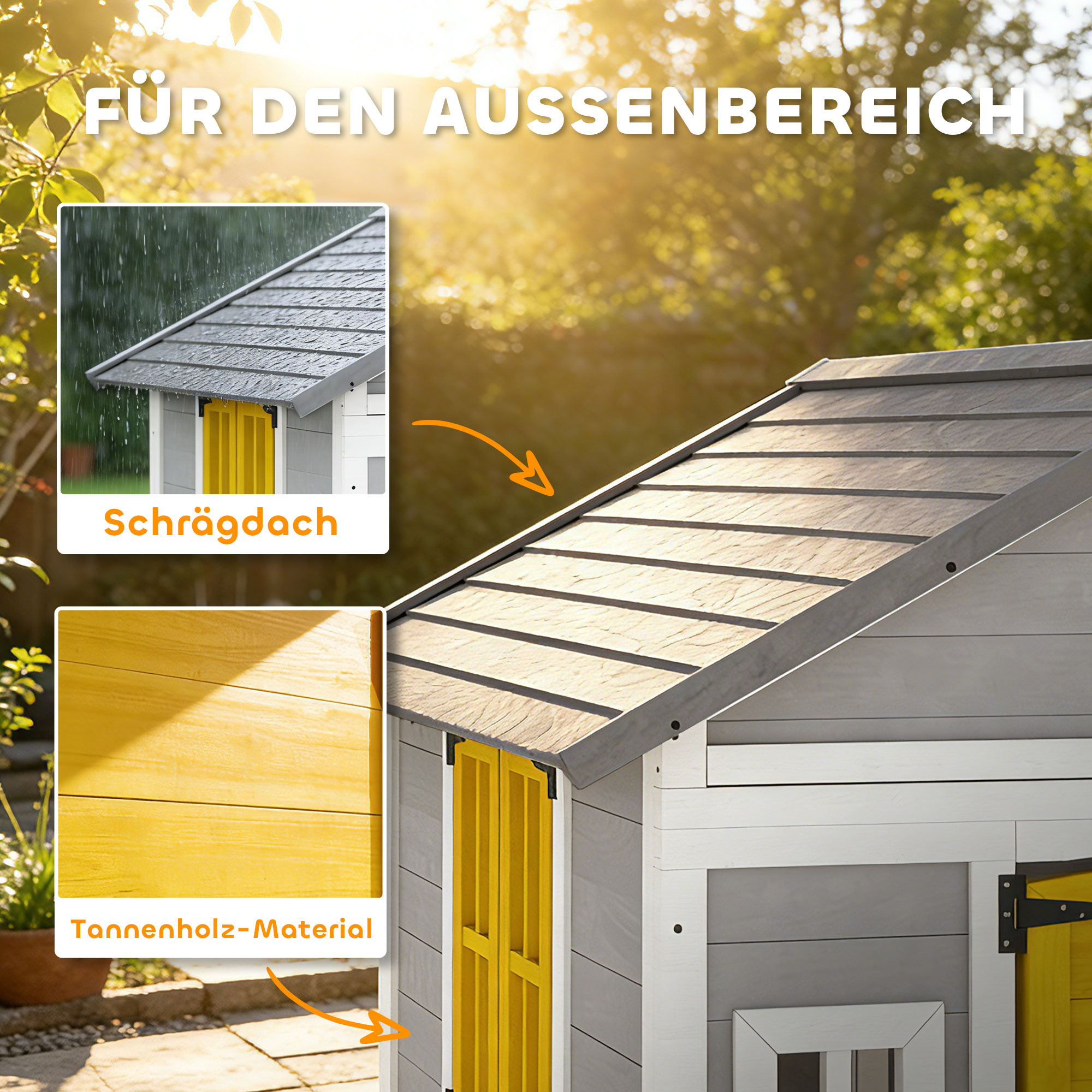 Spielhaus Wetterfestes Kinderspielhaus aus Holz mit Tür 6 Fenster 2 Blumenkästen 2 Blumenständern für 3-8 Jahre Grau